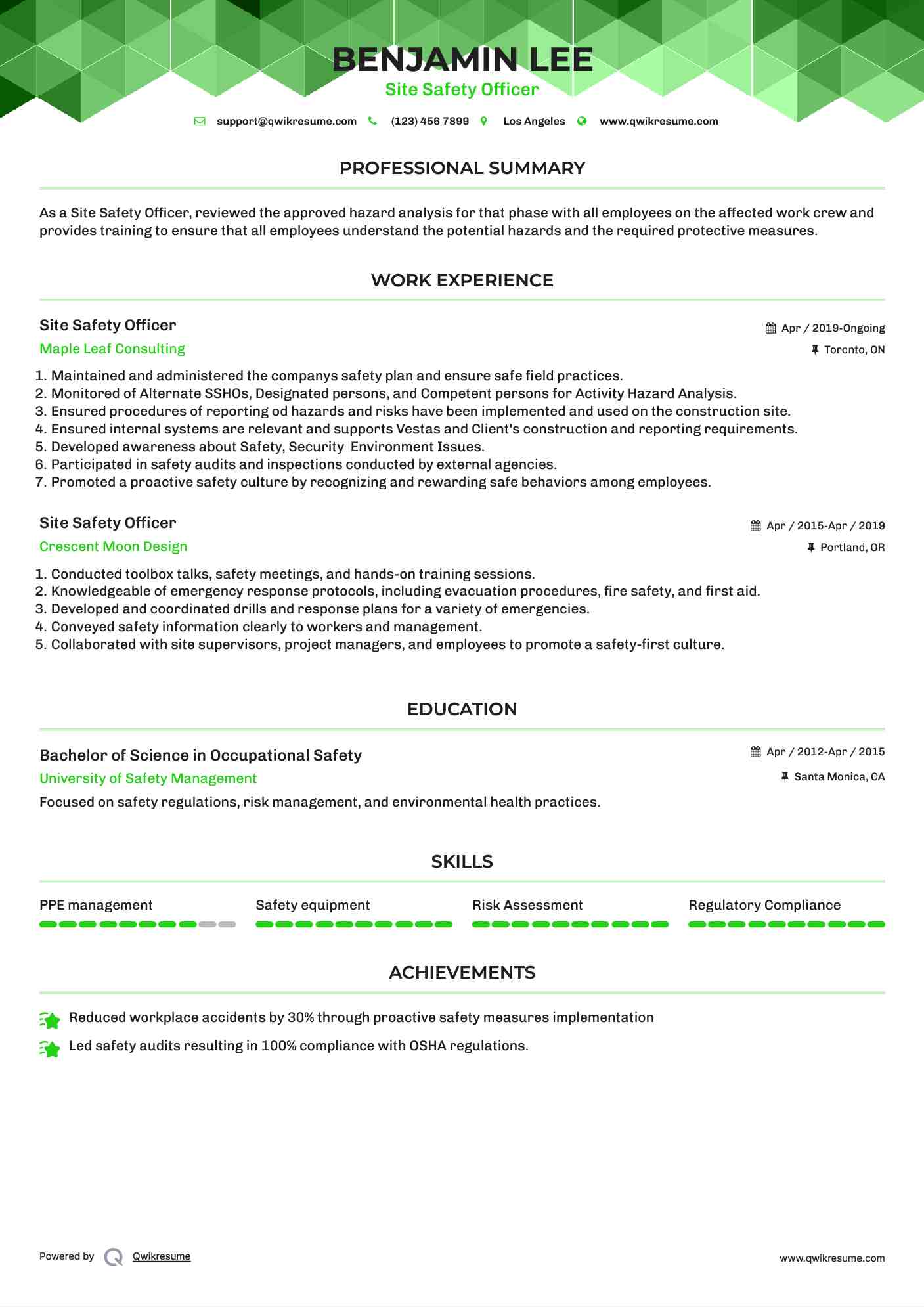 Site Safety Officer Resume Template