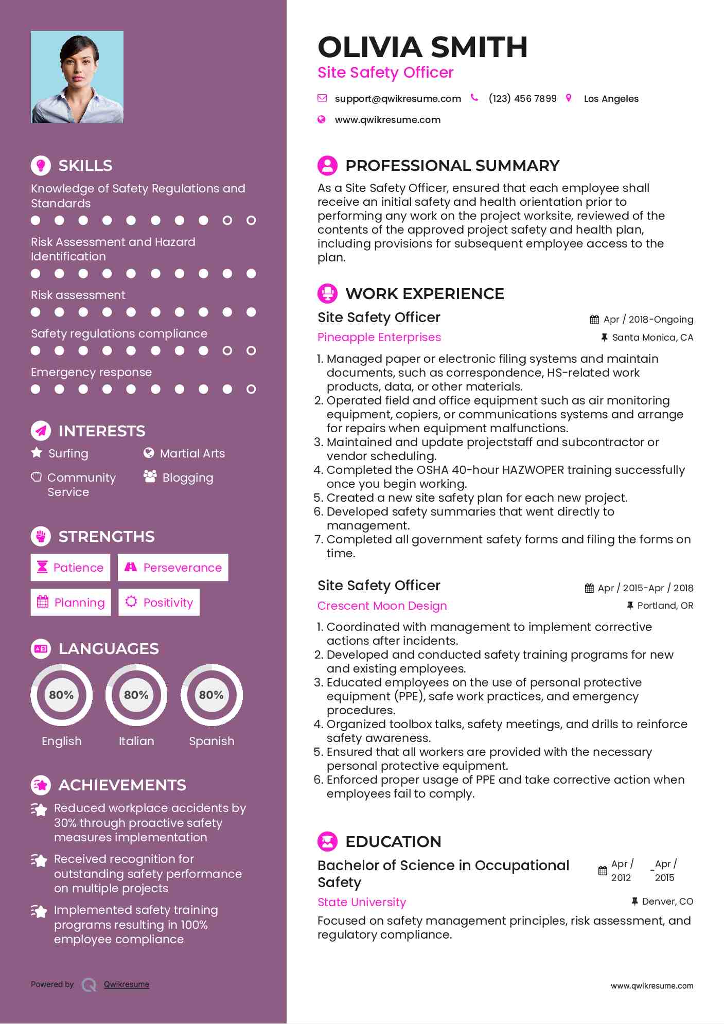 Site Safety Officer Resume Model