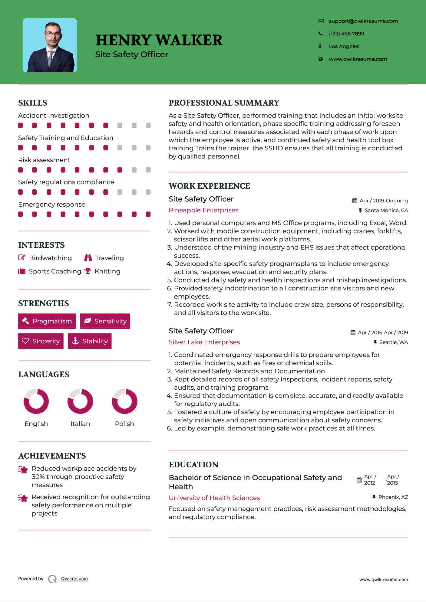 Site Safety Officer Resume Template