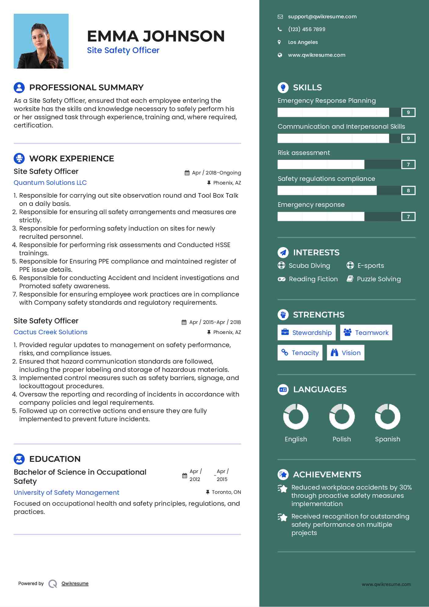 Site Safety Officer Resume Example