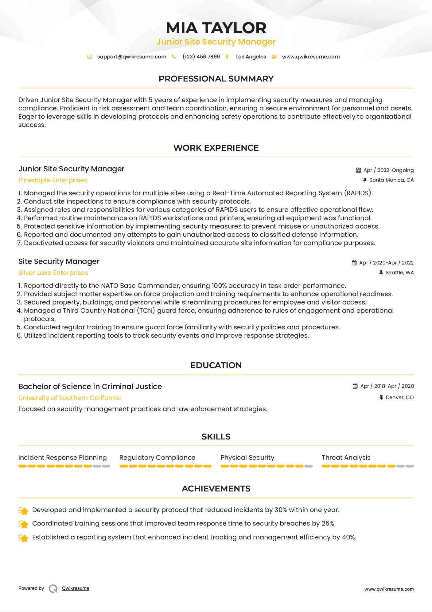 Junior Site Security Manager Resume Model