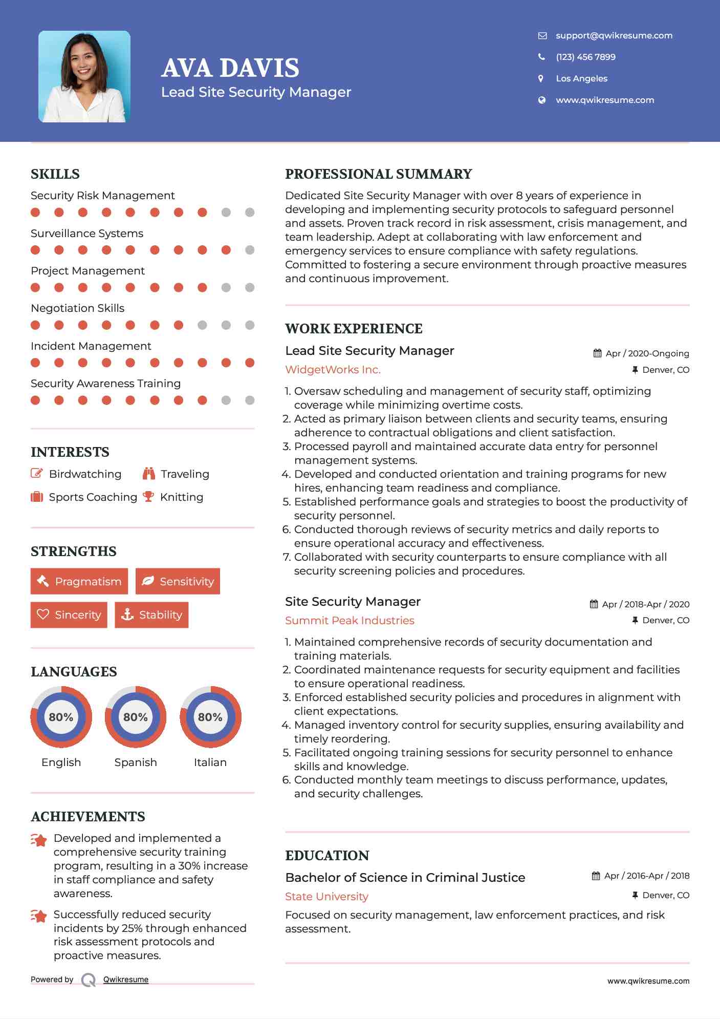 Lead Site Security Manager  Resume Format