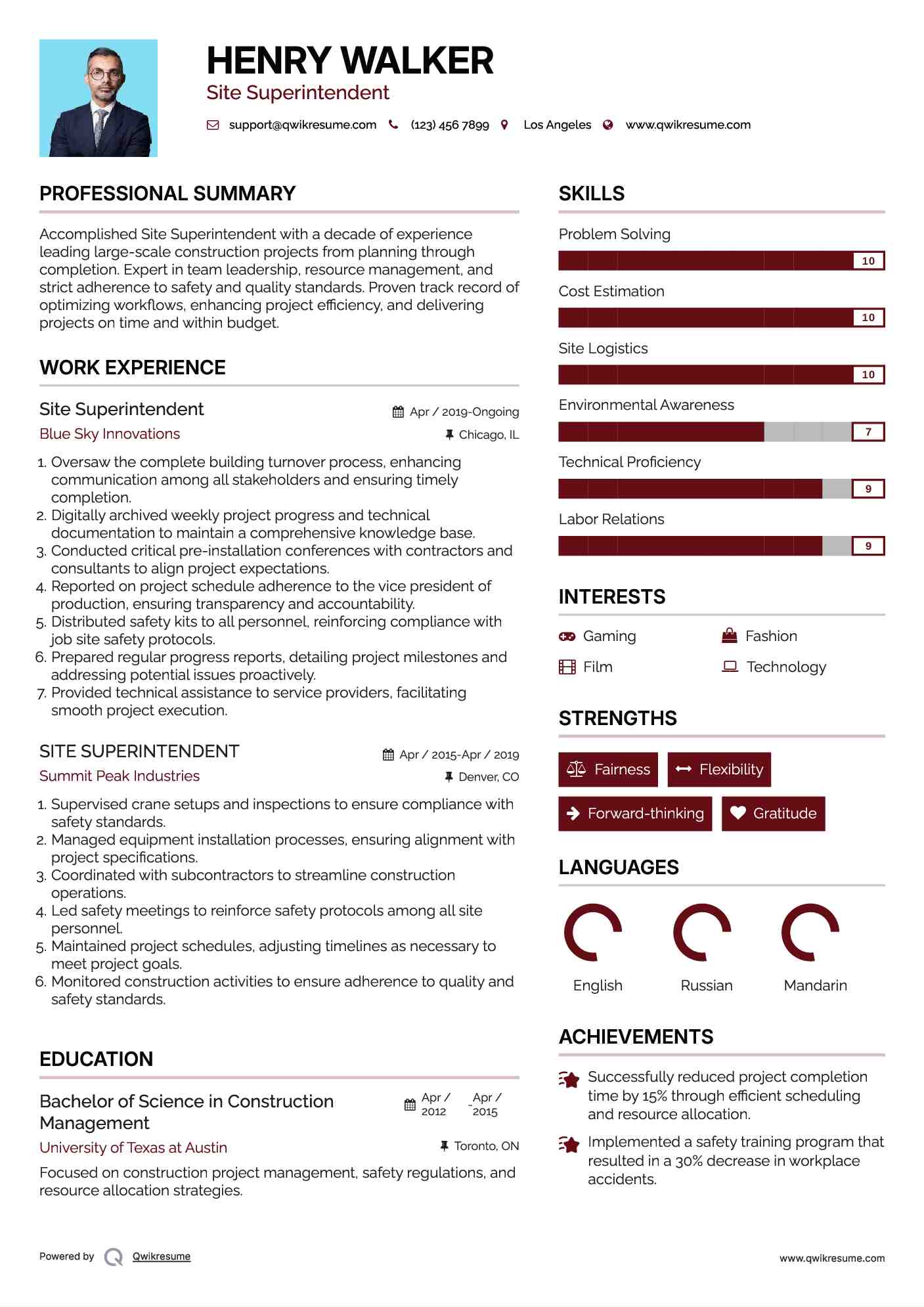 Site Superintendent Resume Example