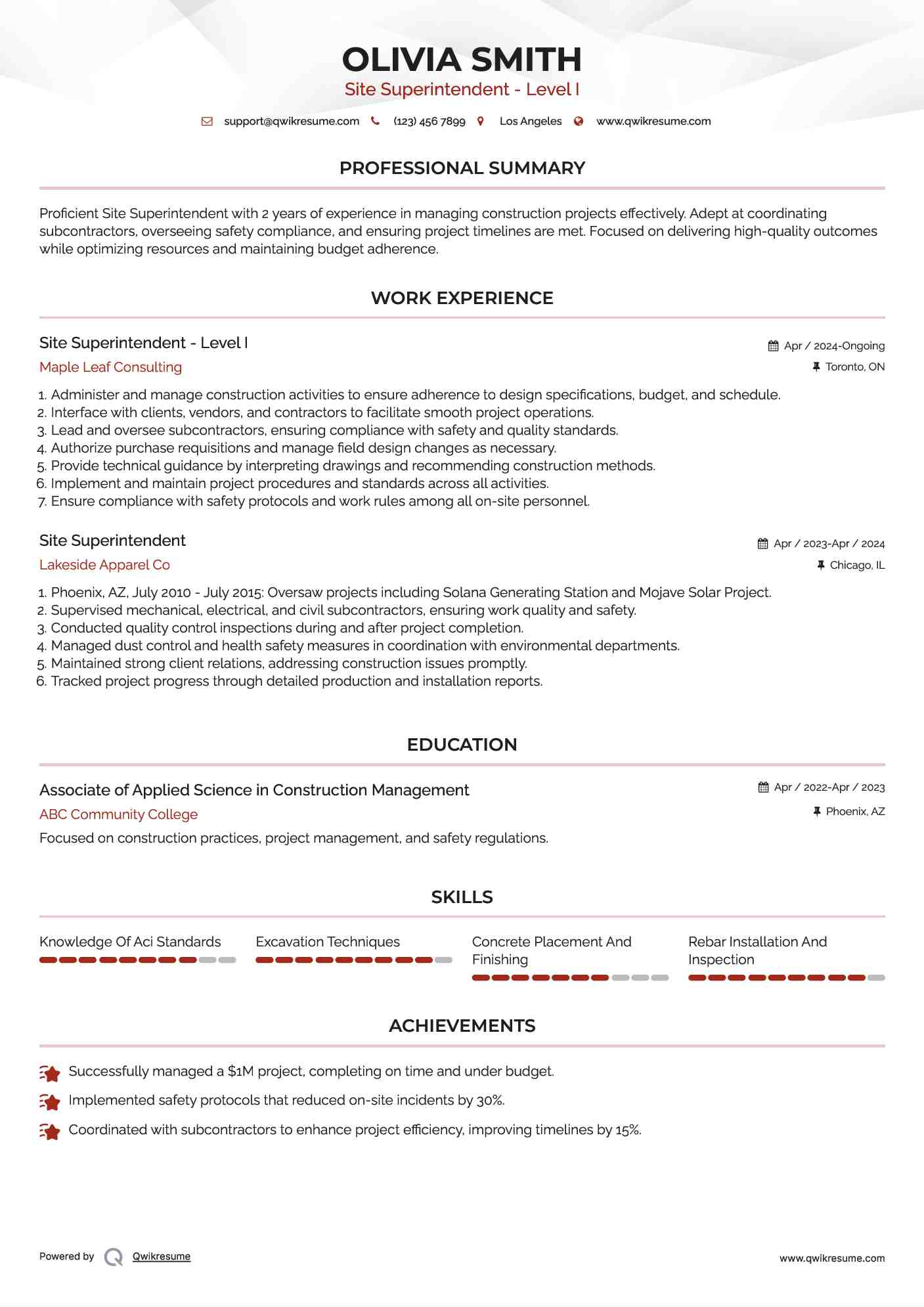 Site Superintendent - Level I Resume Template