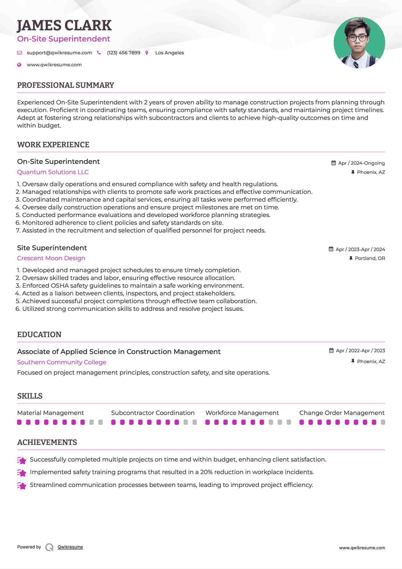 On-Site Superintendent
 Resume Template