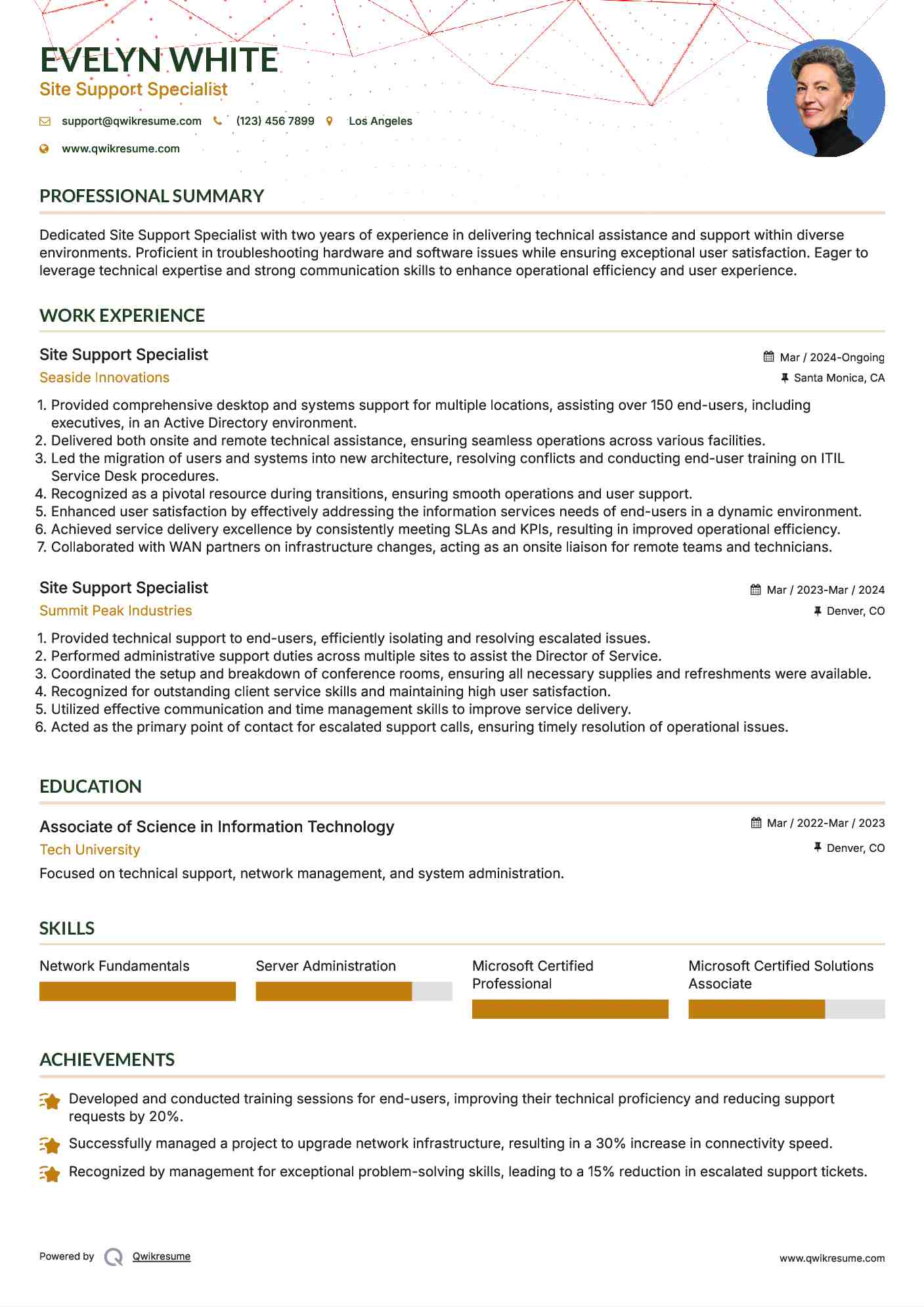 Site Support Specialist Resume Model