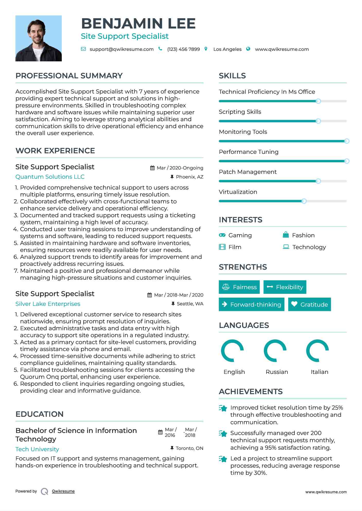 Site Support Specialist Resume Model