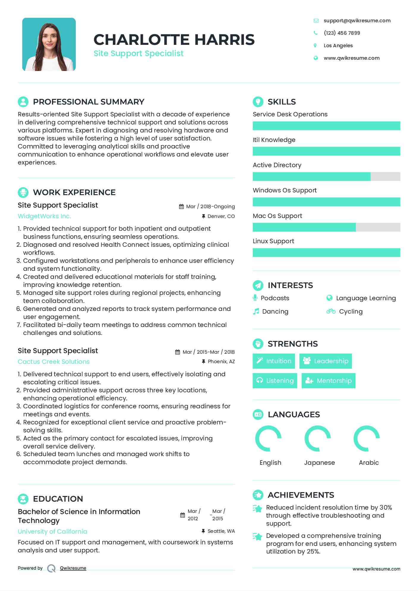 Site Support Specialist Resume Sample