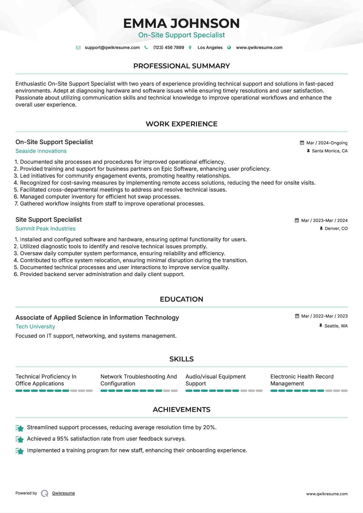 On-Site Support Specialist Resume Example