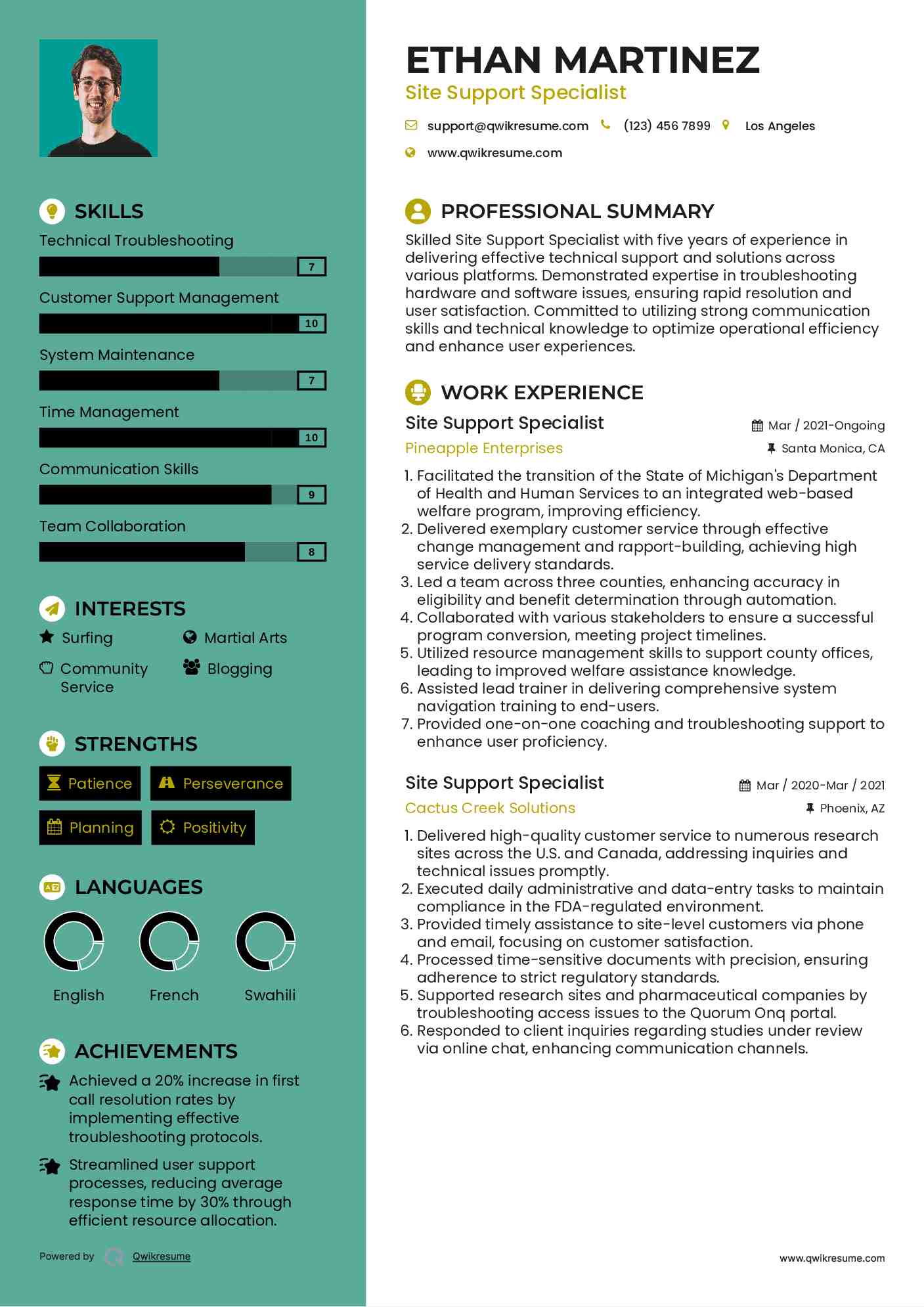 Site Support Specialist Resume Format