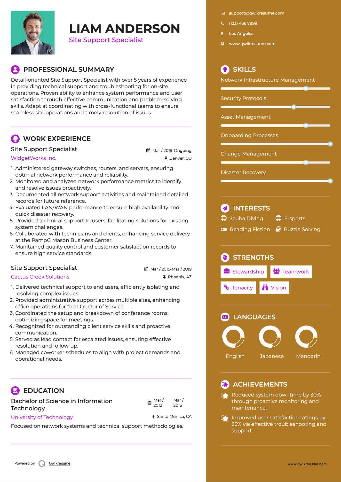 Site Support Specialist Resume Template