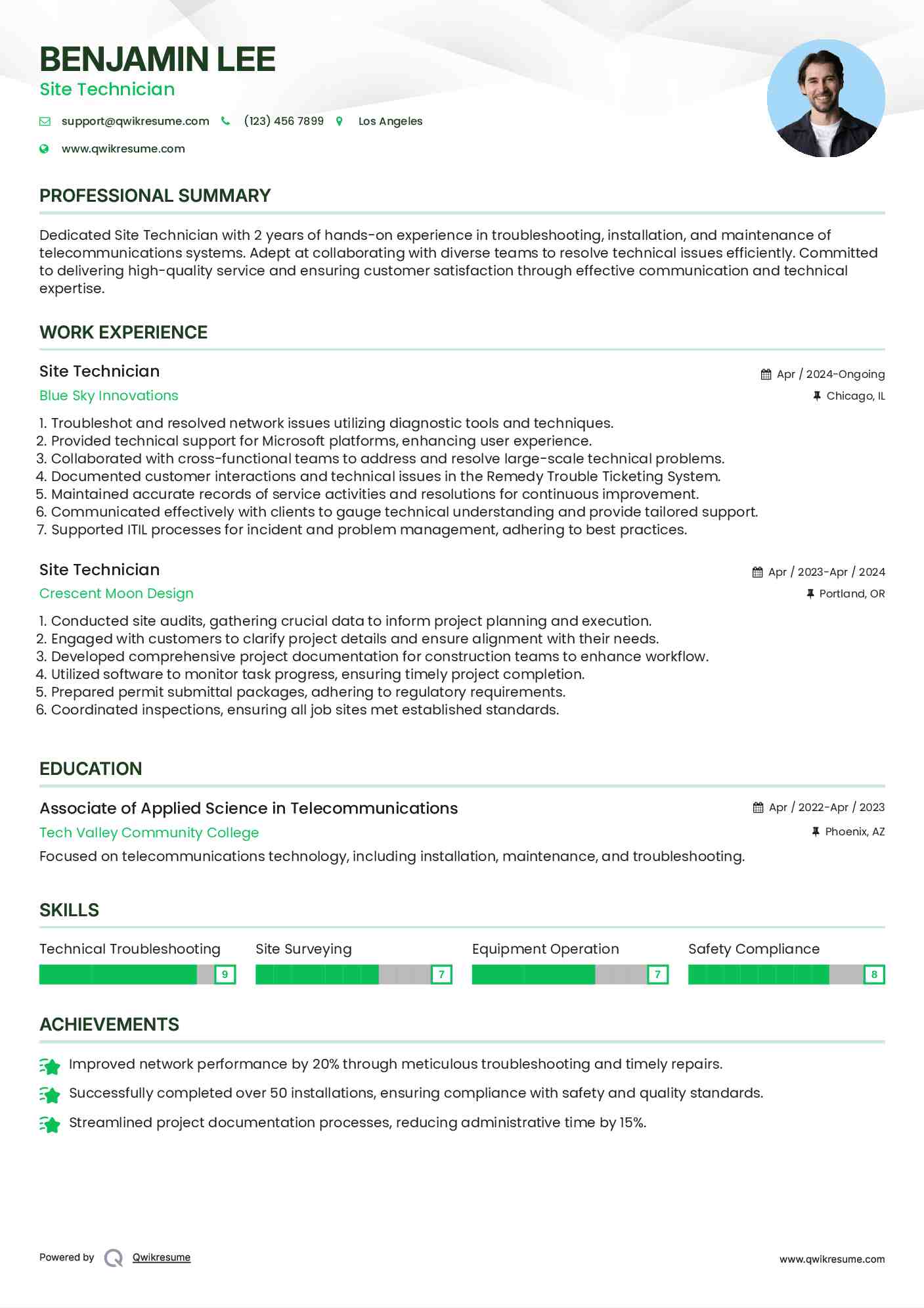 Site Technician Resume Example