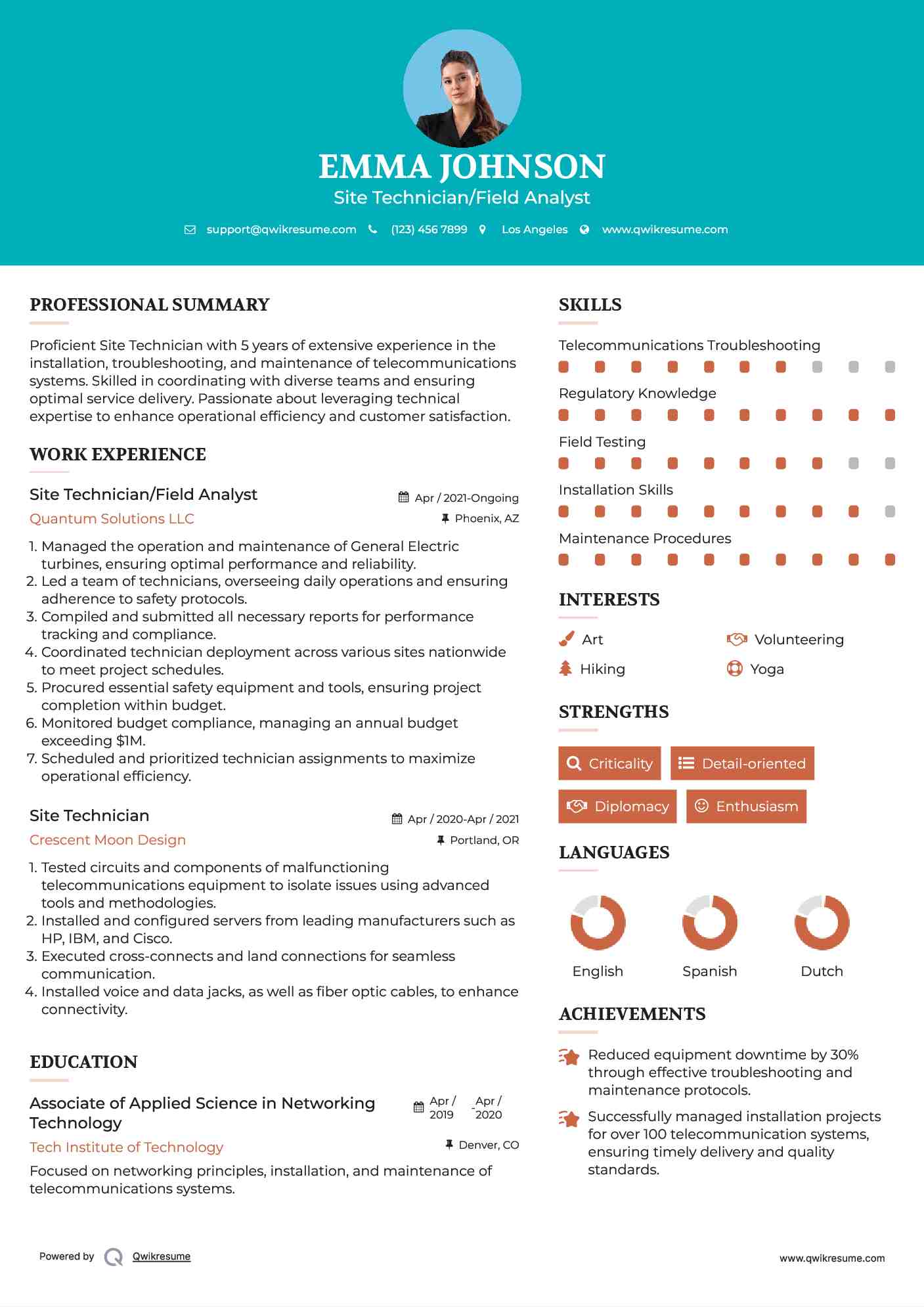 Site Technician/Field Analyst Resume Sample