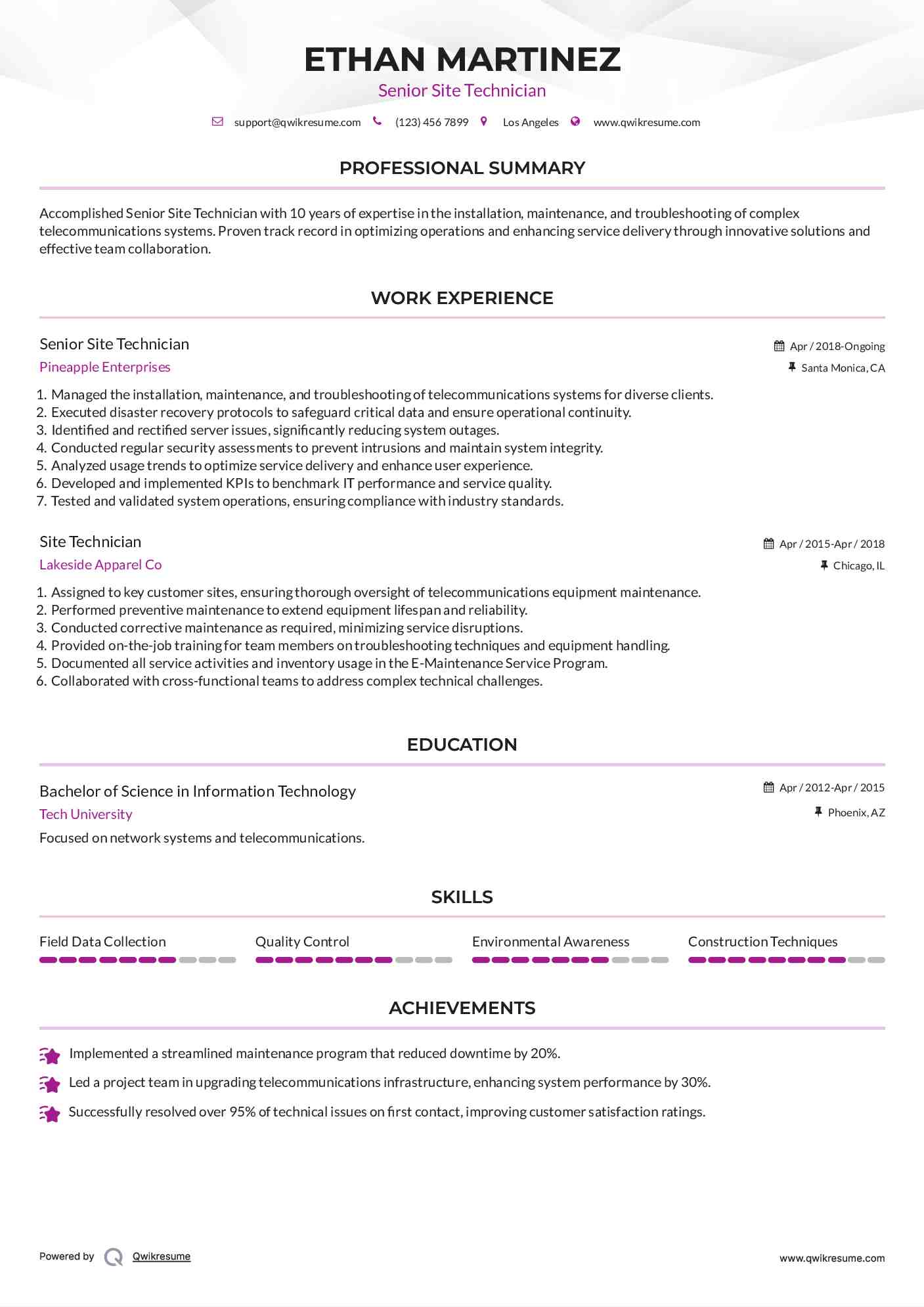 Senior Site Technician Resume Sample