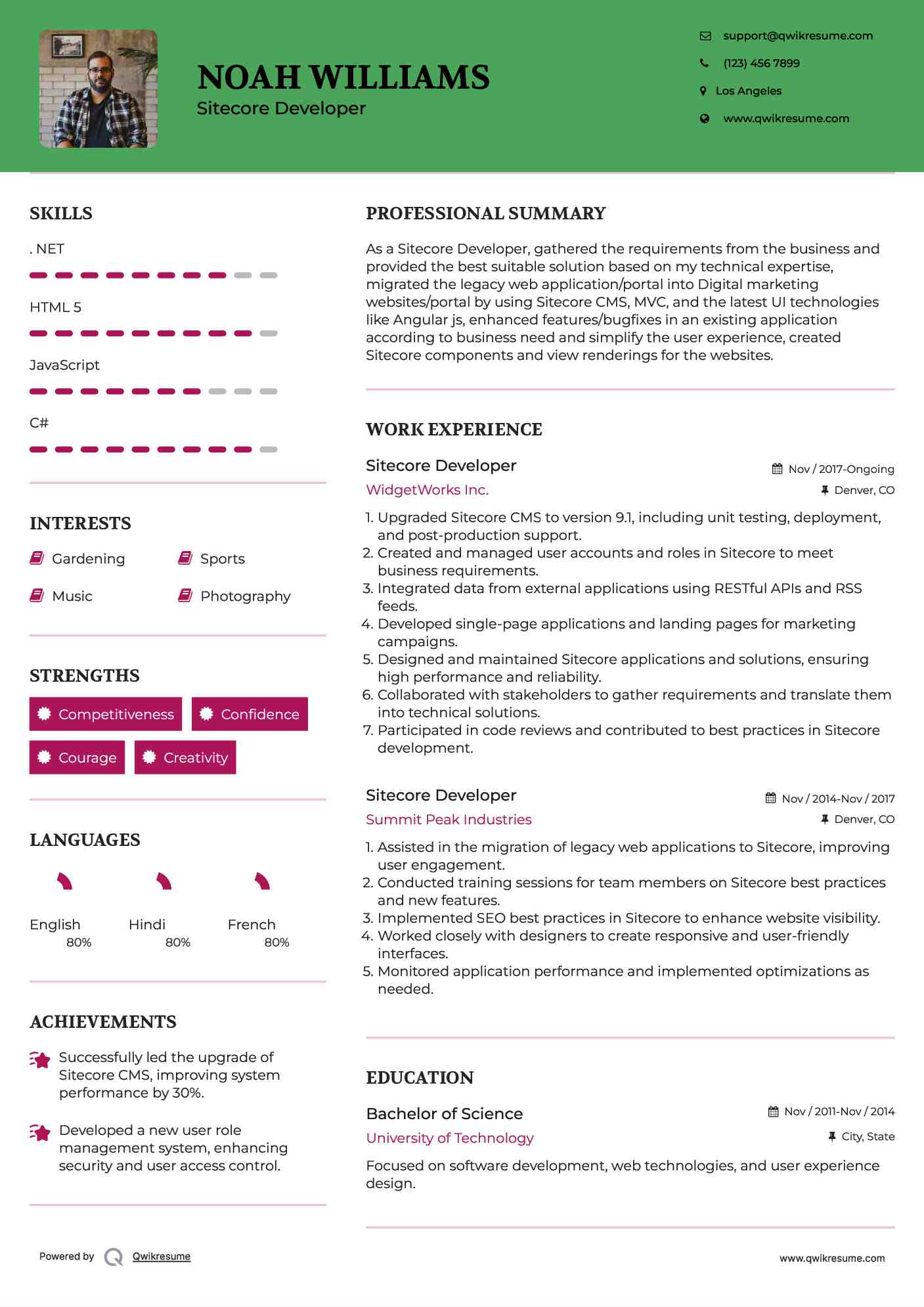 Sitecore Developer Resume Sample