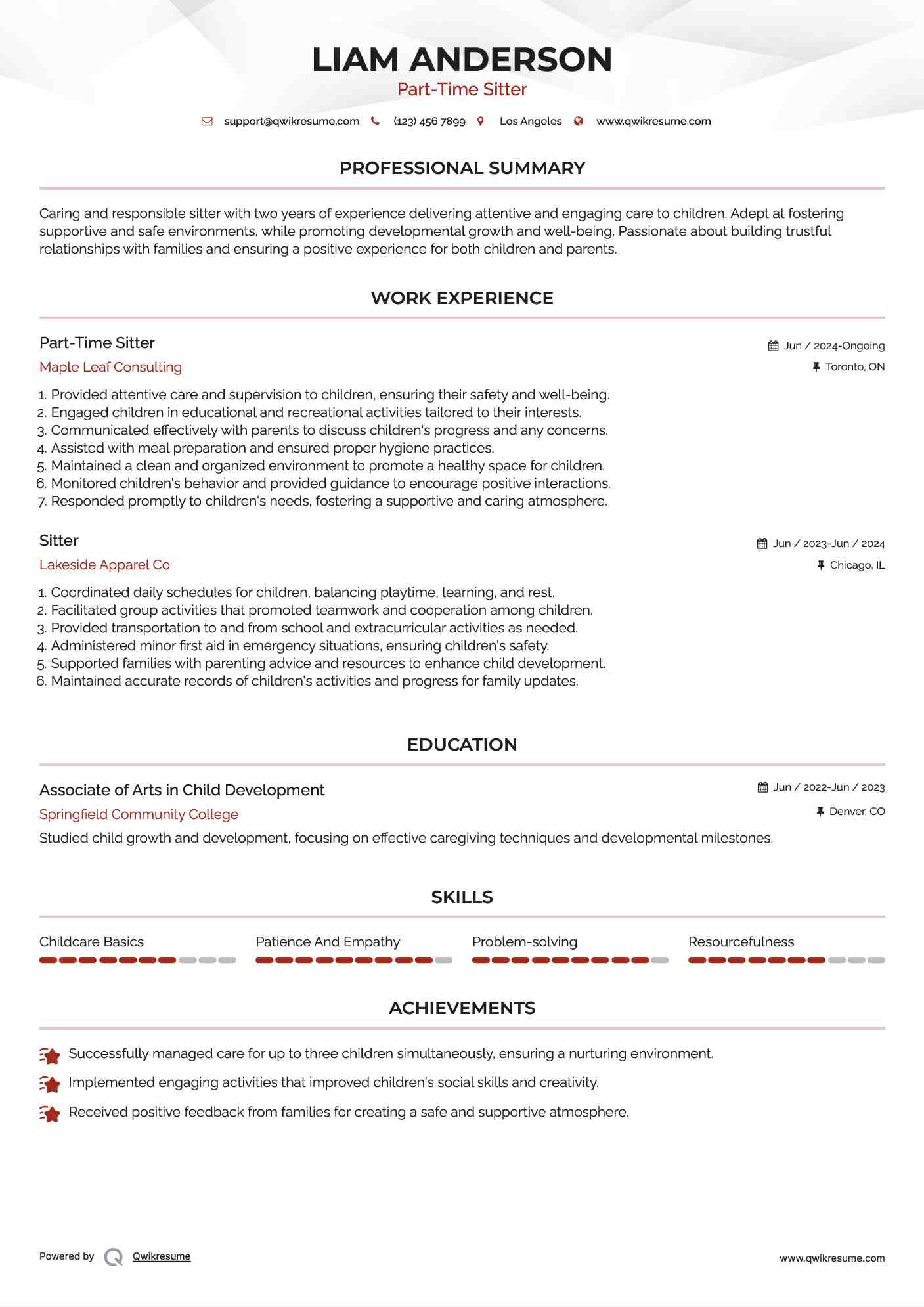 Part-Time Sitter Resume Sample