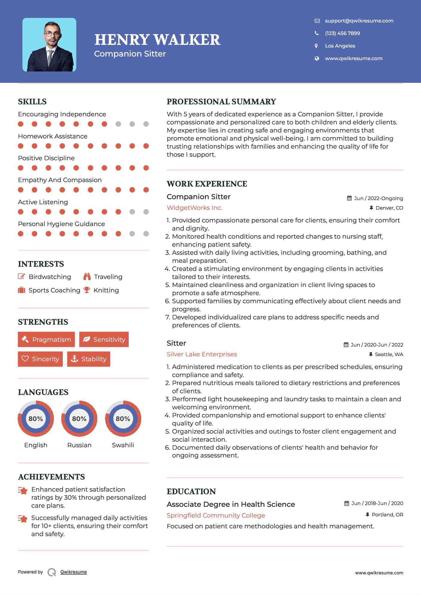 Companion Sitter Resume Model