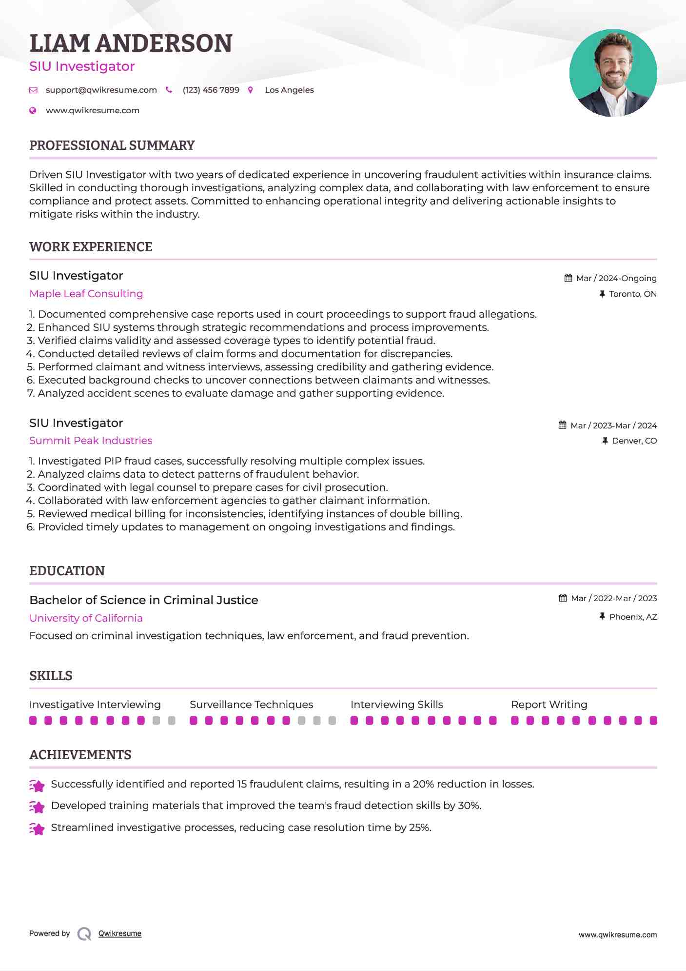 SIU Investigator Resume Format