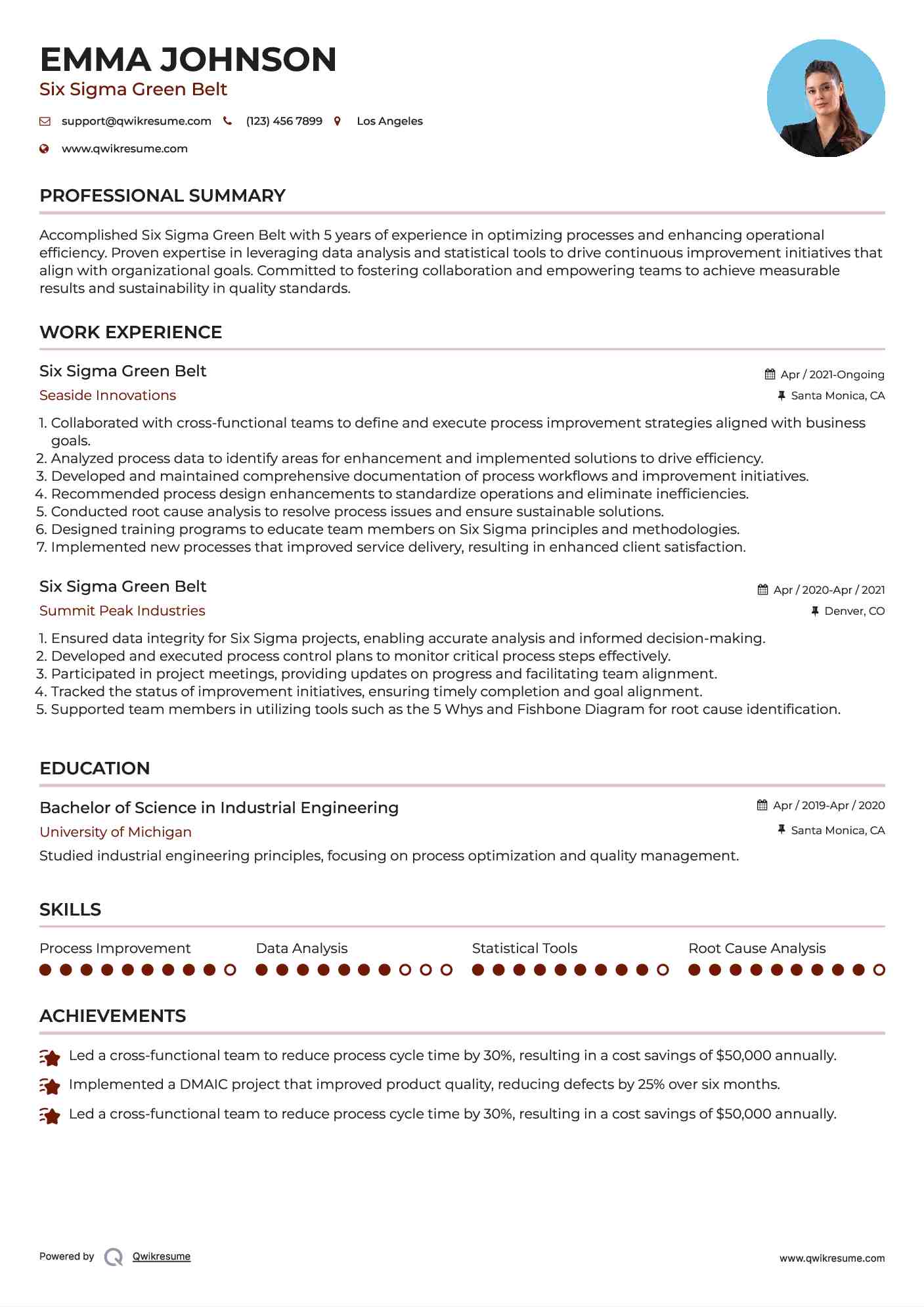 Six Sigma Green Belt Resume Sample