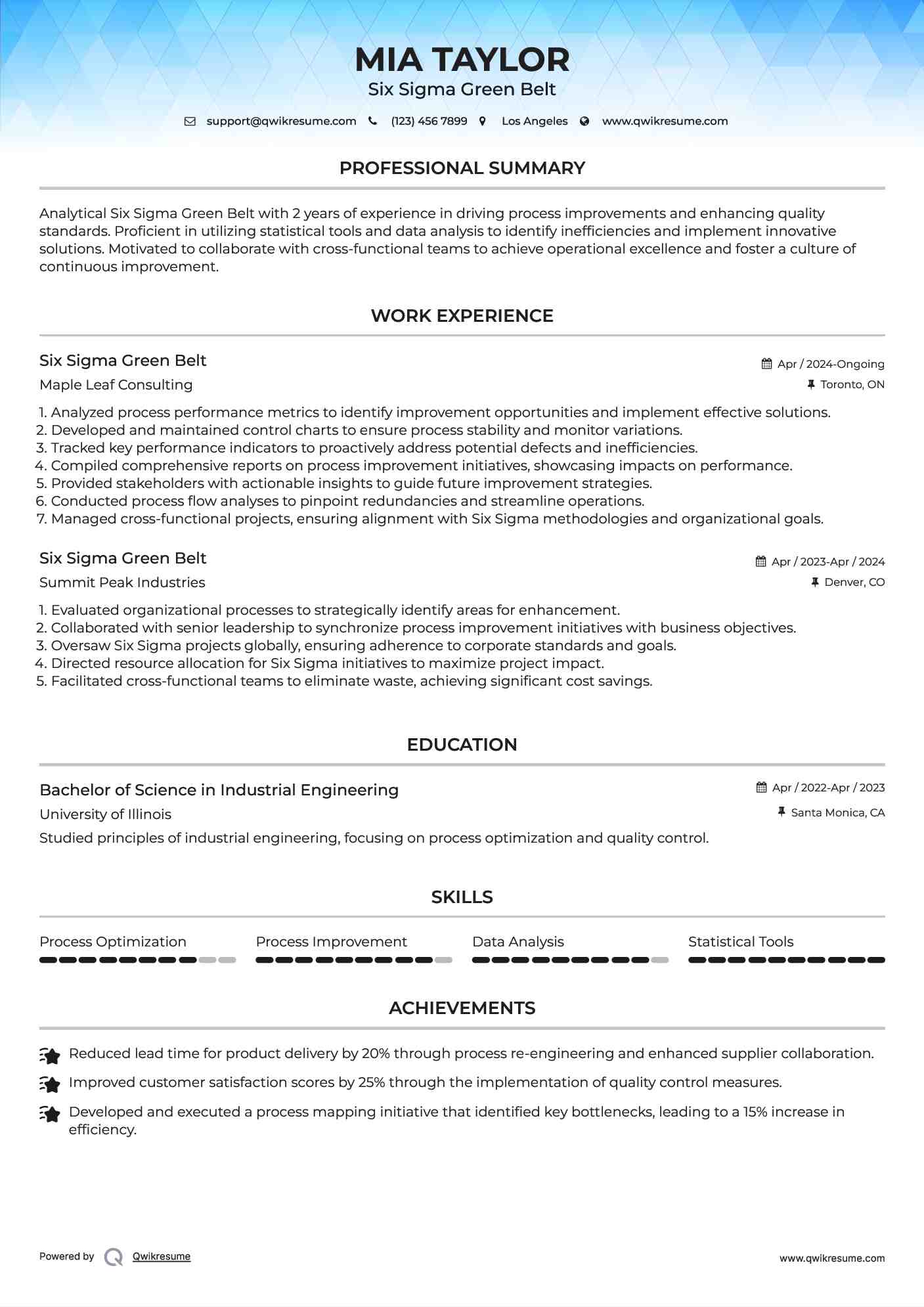Six Sigma Green Belt Resume Example
