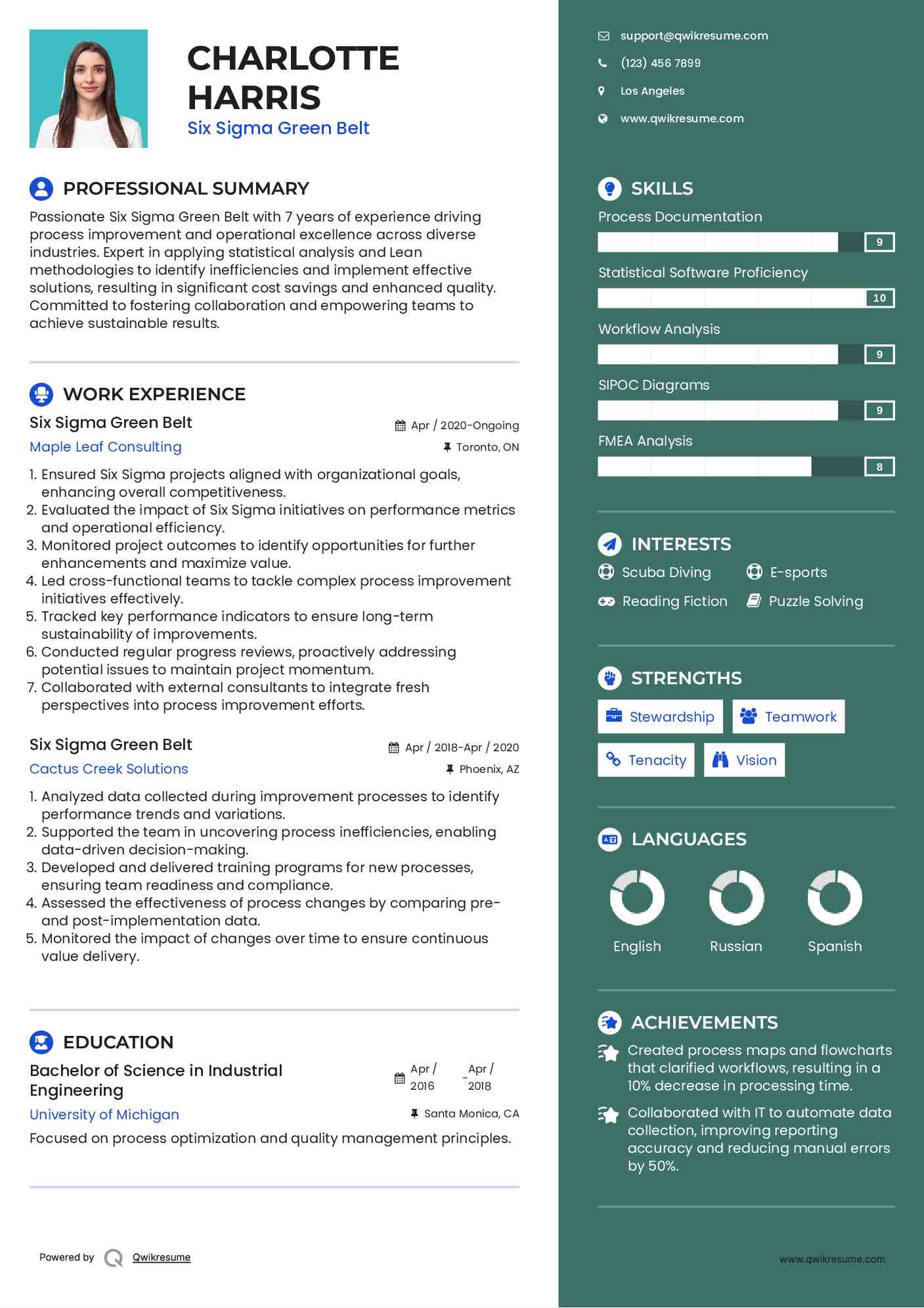 Six Sigma Green Belt Resume Sample