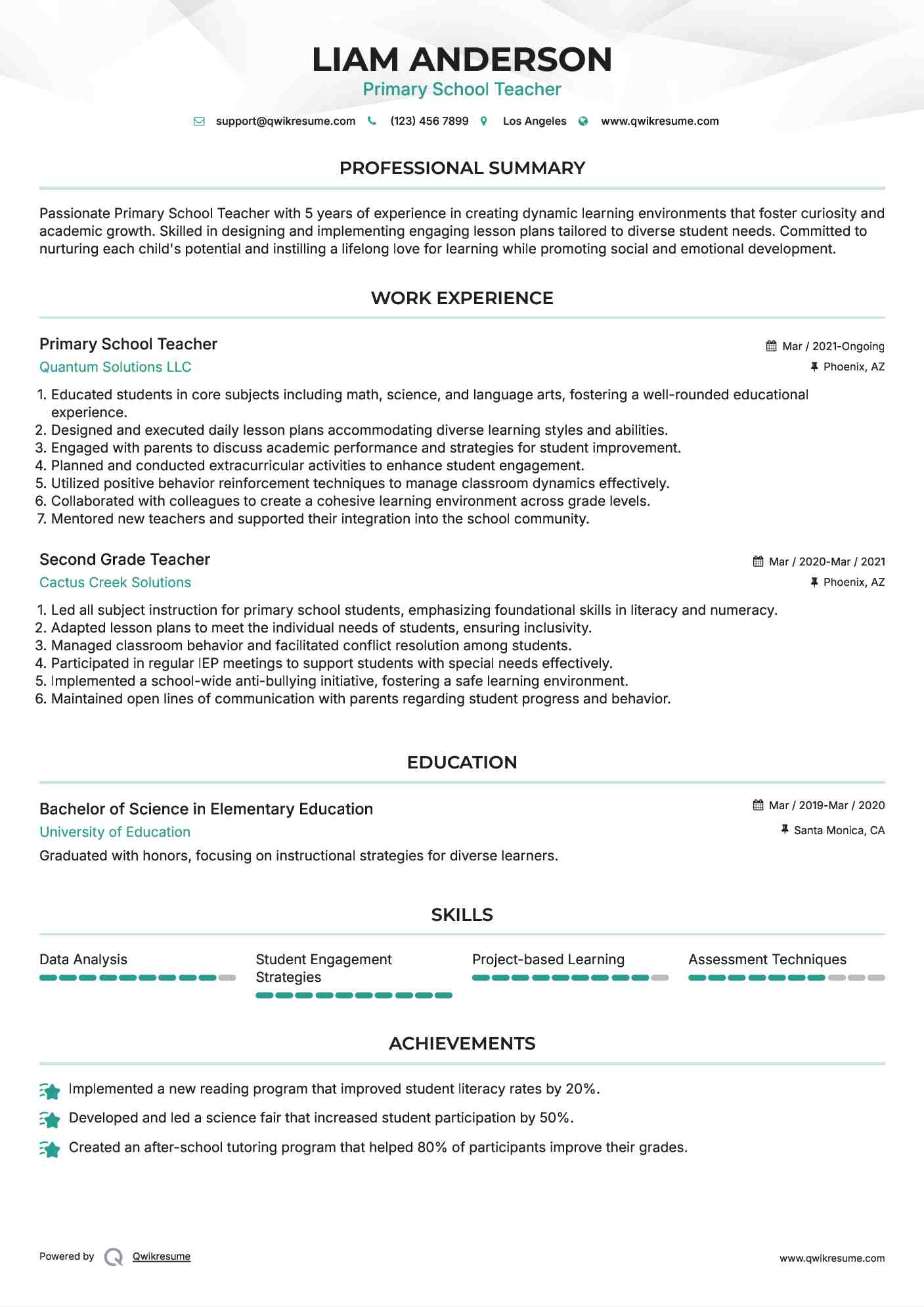 Primary School Teacher Resume Template