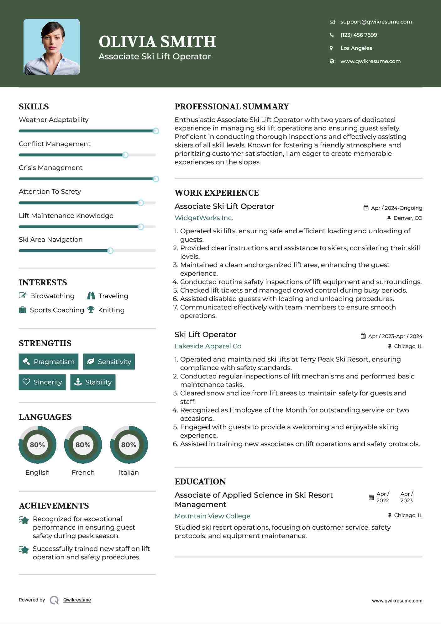Associate Ski Lift Operator Resume Sample