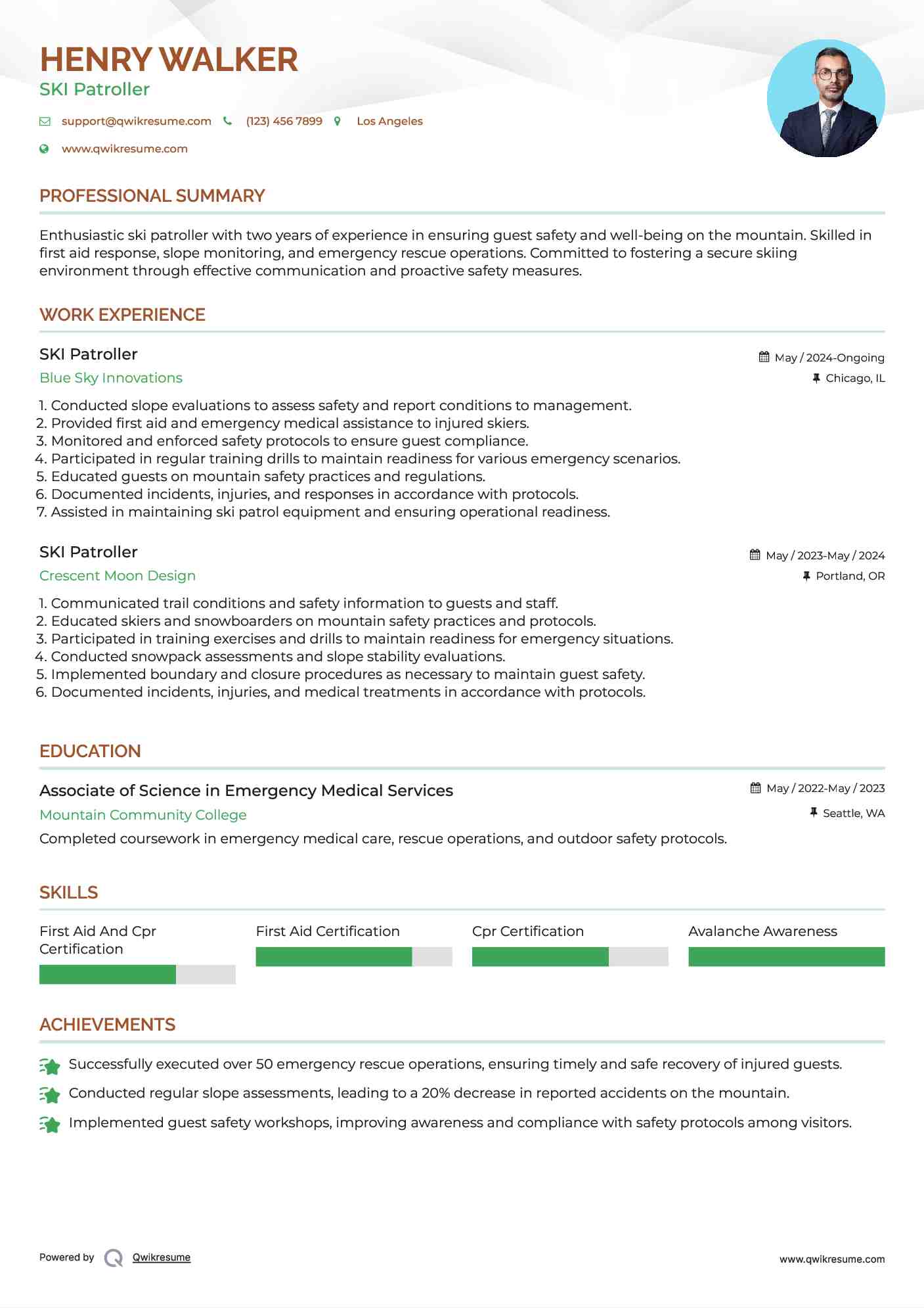 SKI Patroller Resume Format