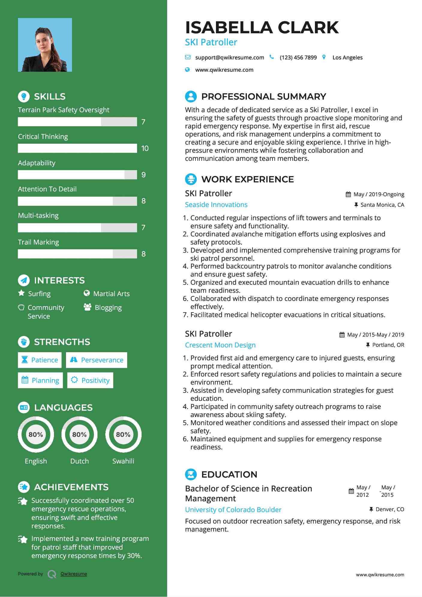 SKI Patroller Resume Sample