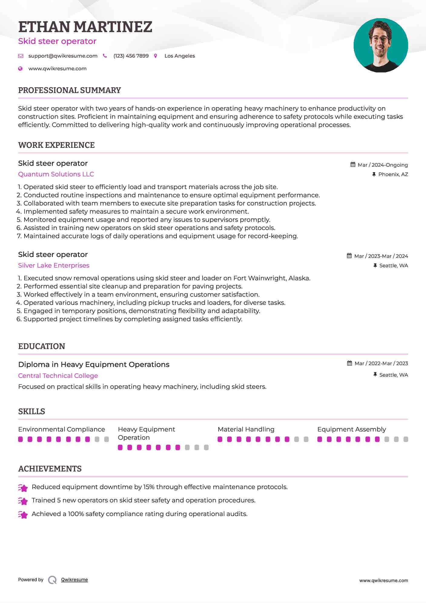 Skid steer operator Resume Samples QwikResume