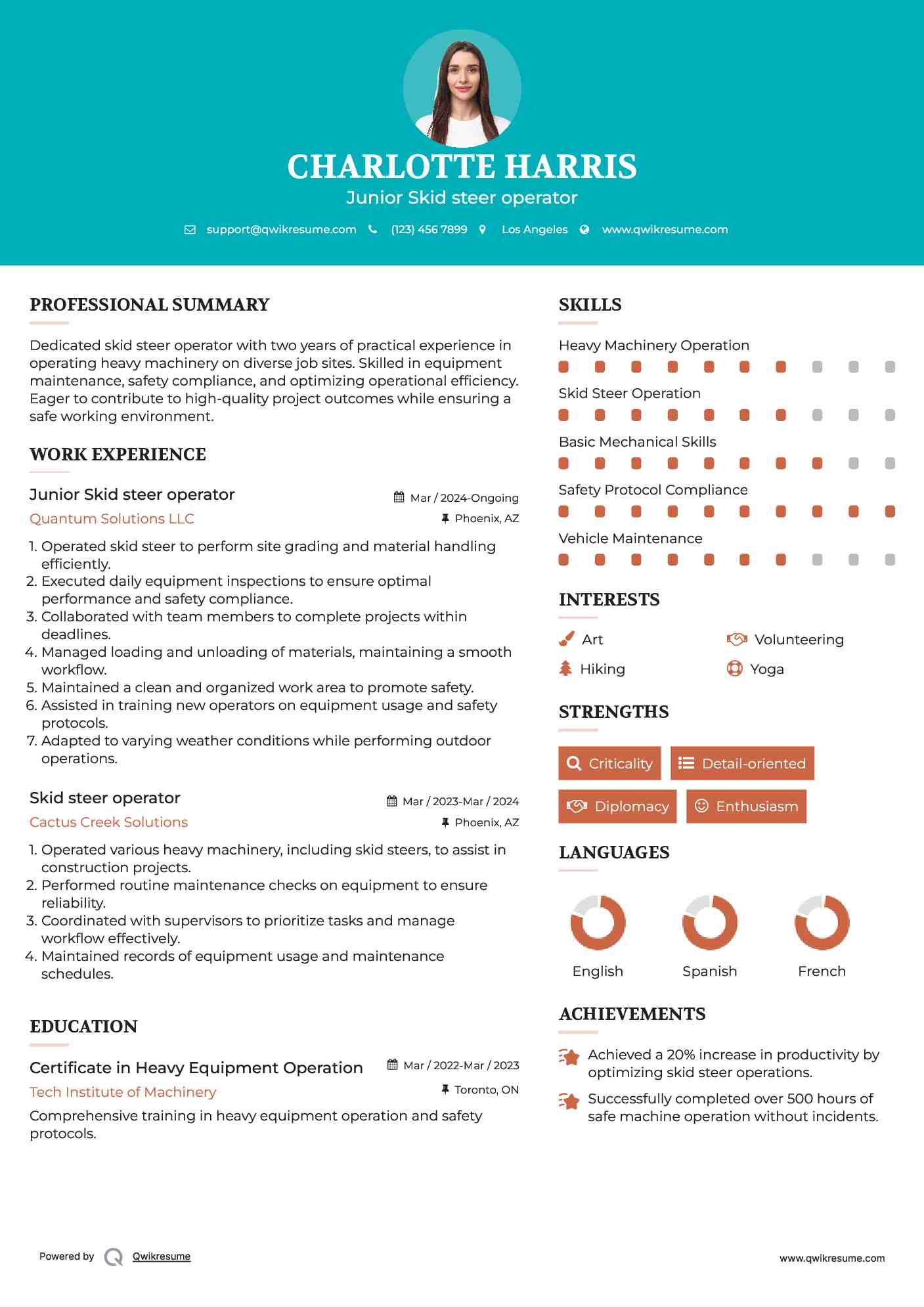 Skid steer operator Resume Samples QwikResume