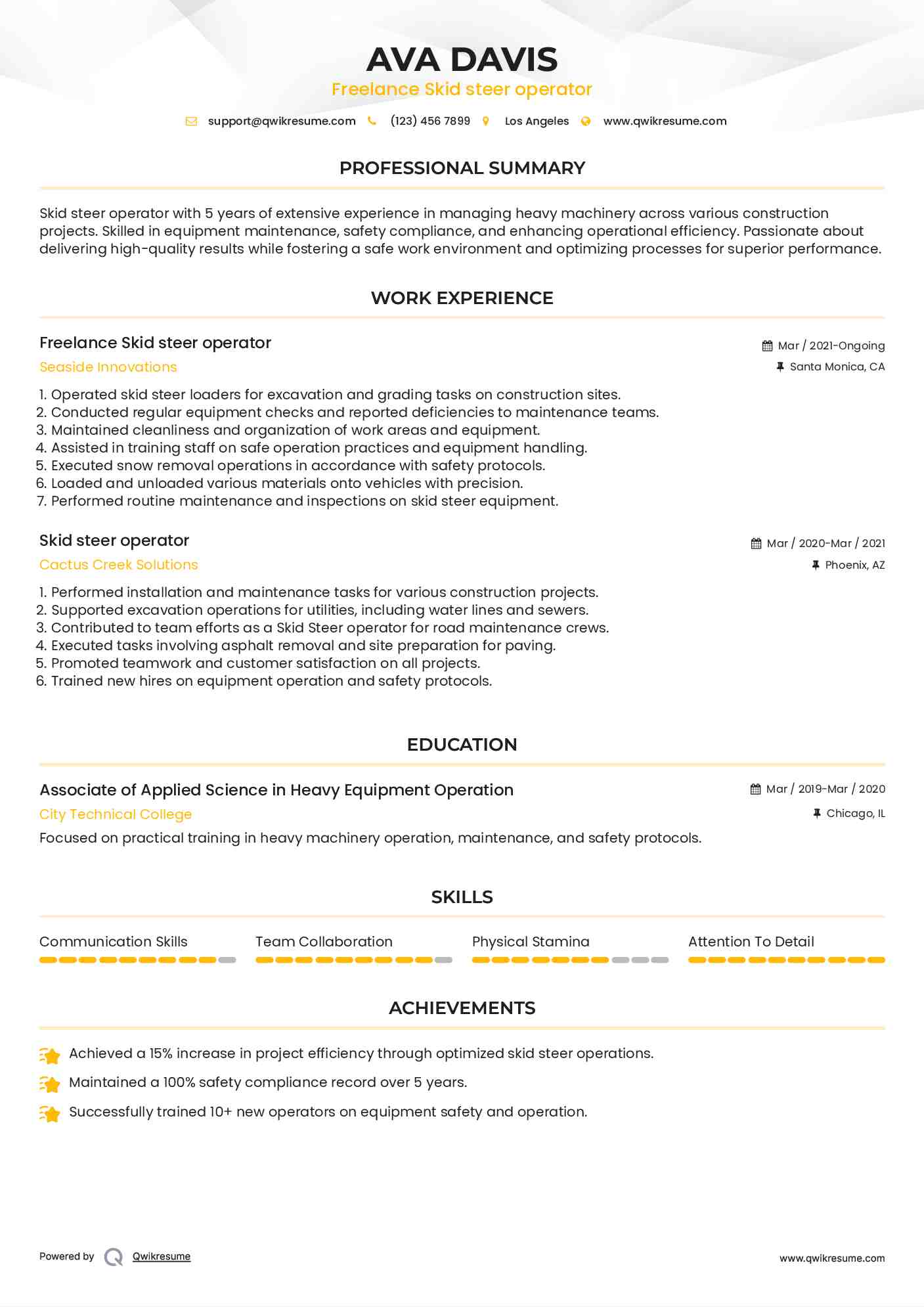 Skid steer operator Resume Samples QwikResume