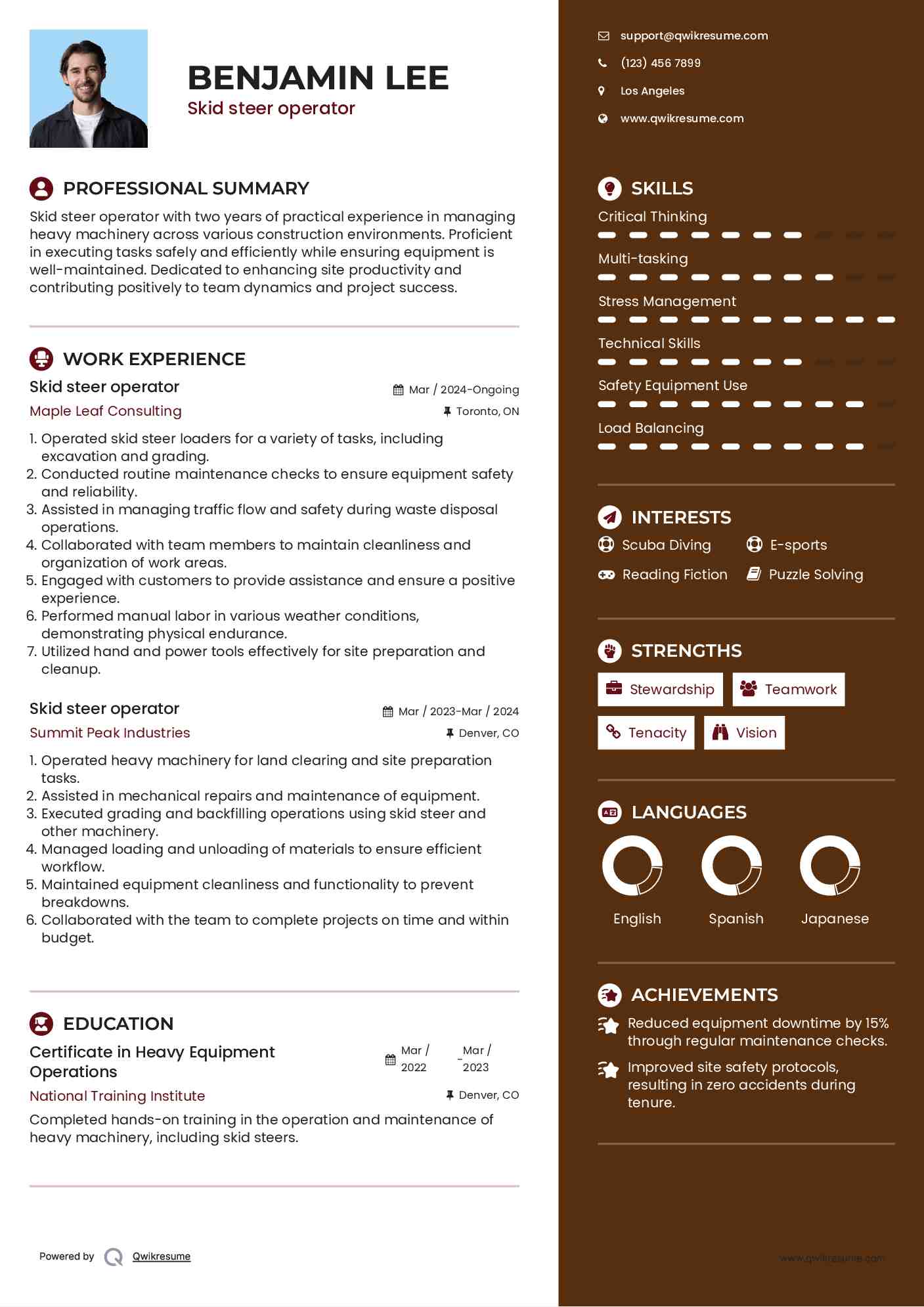Skid steer operator Resume Samples QwikResume