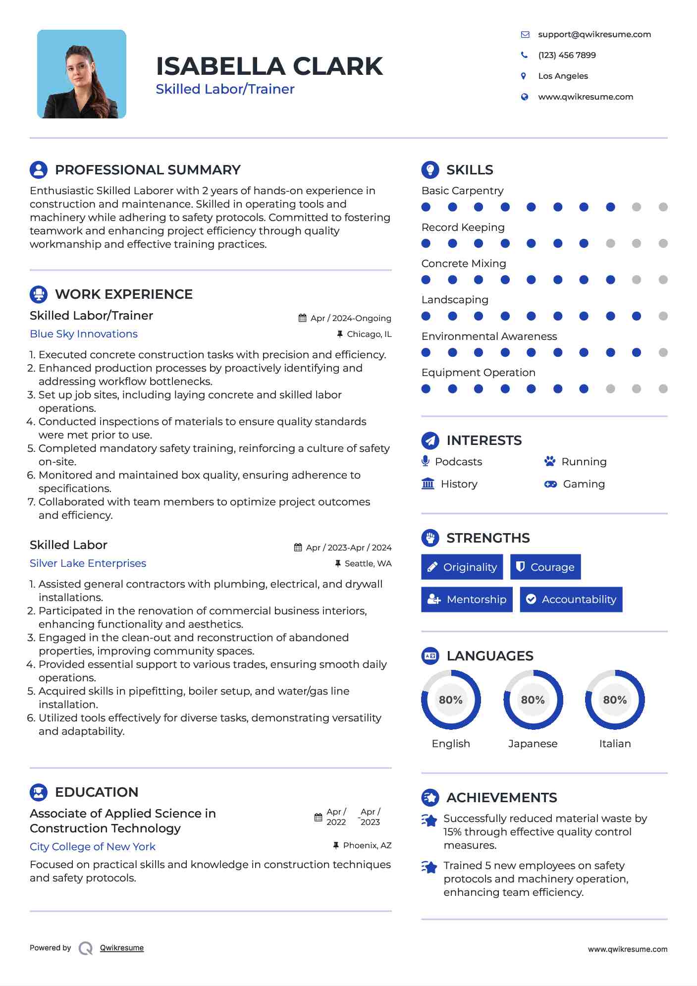 Skilled Labor/Trainer Resume Sample