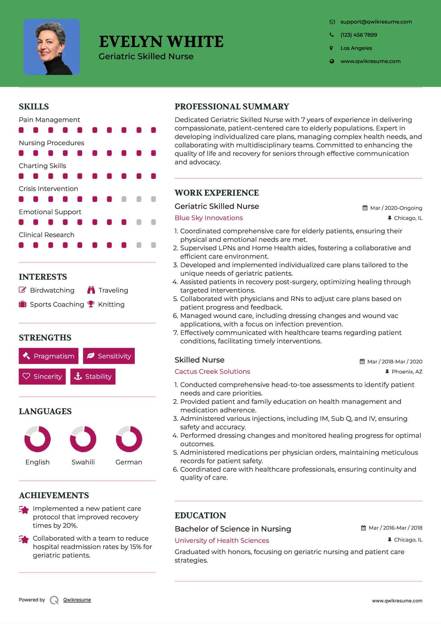 Geriatric Skilled Nurse Resume Sample