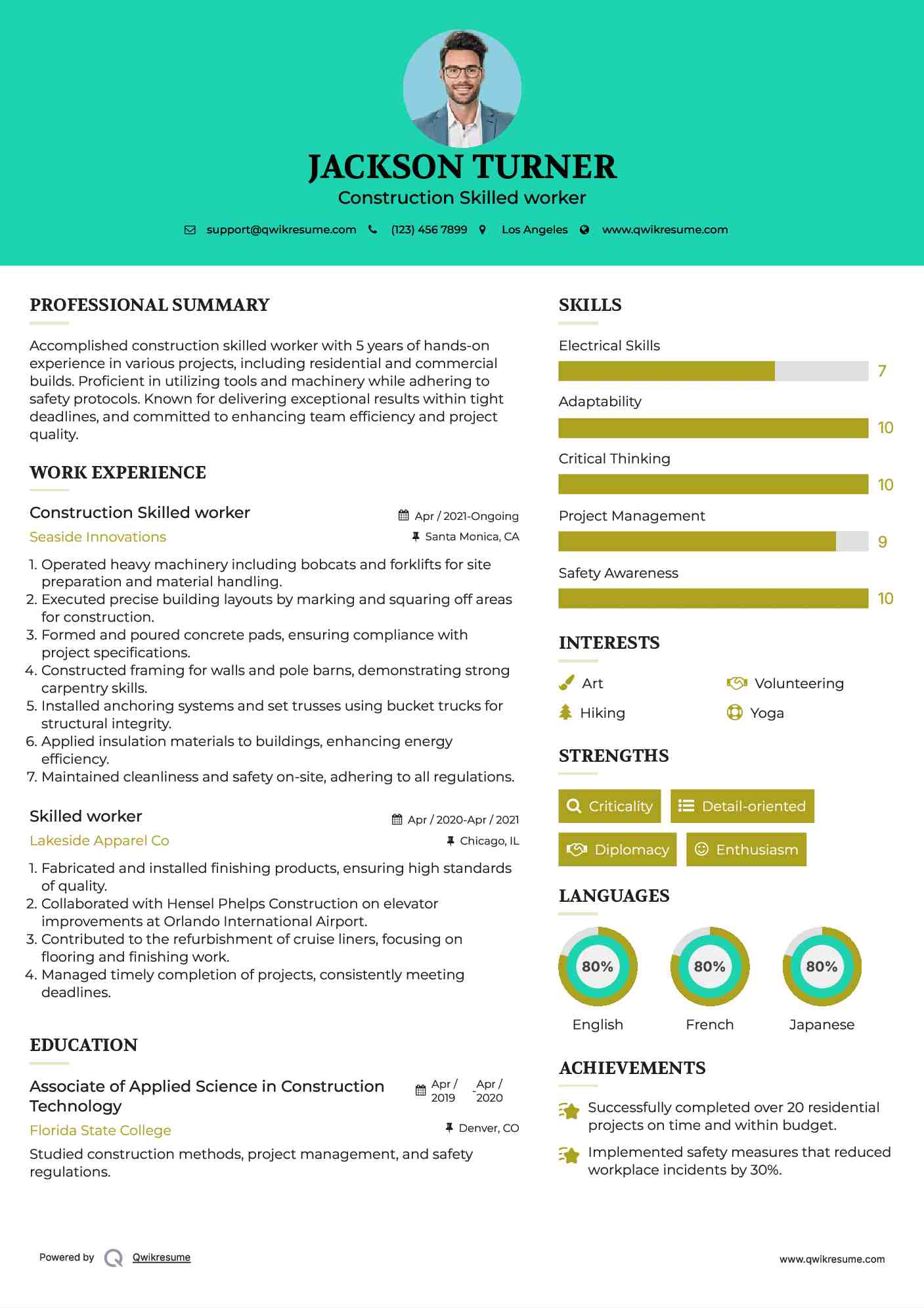 Construction Skilled worker Resume Example