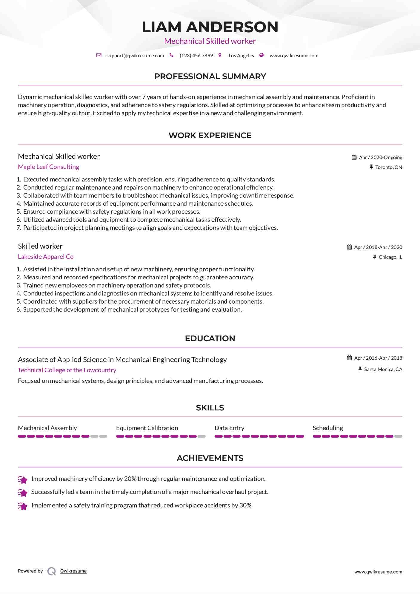 Mechanical Skilled worker Resume Example