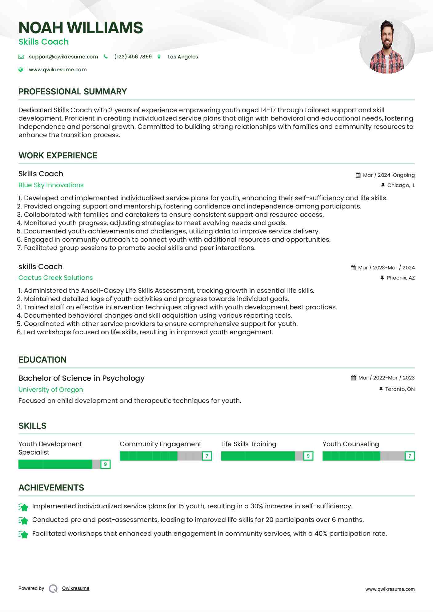 Skills Coach Resume Example