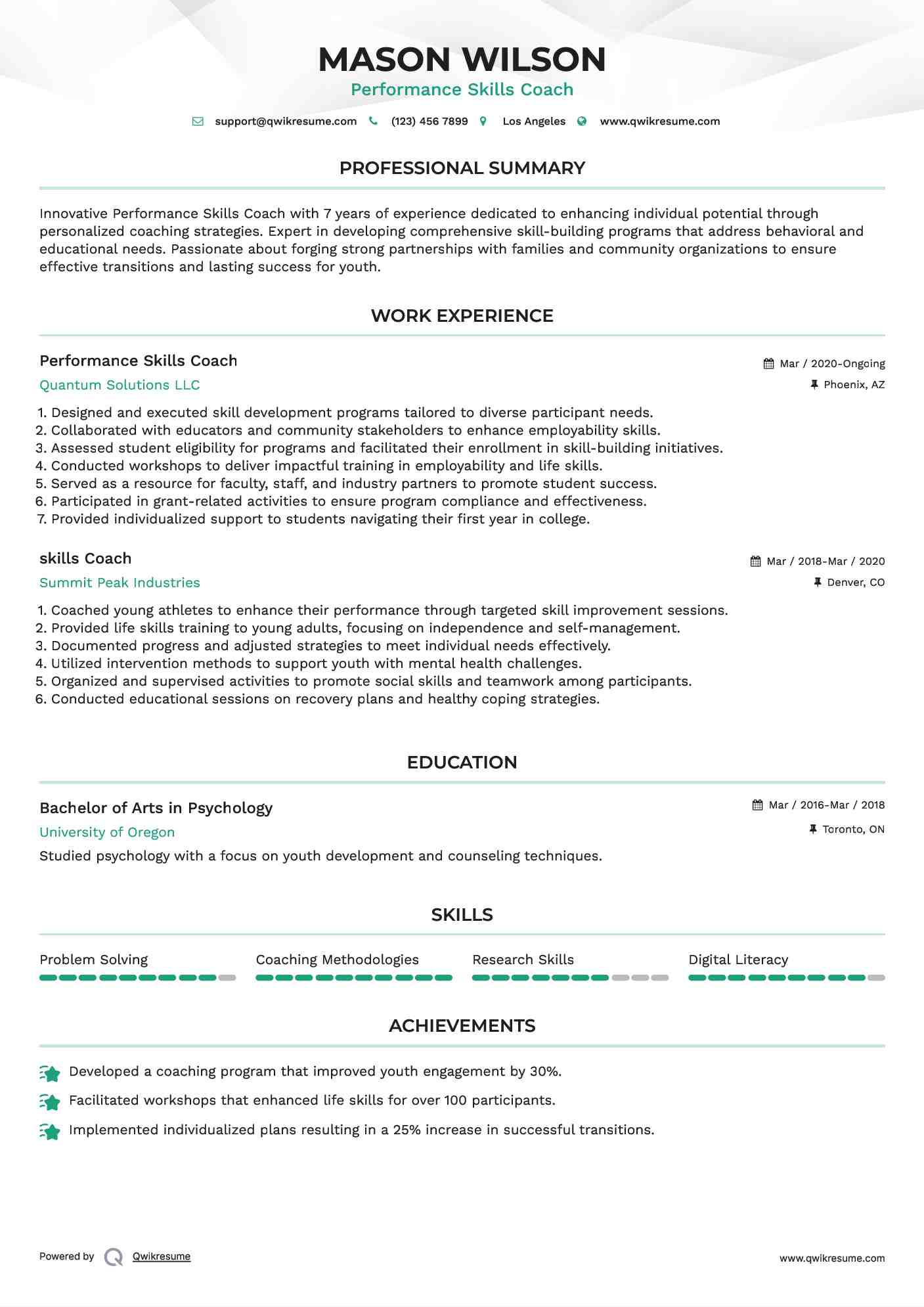Performance Skills Coach Resume Template