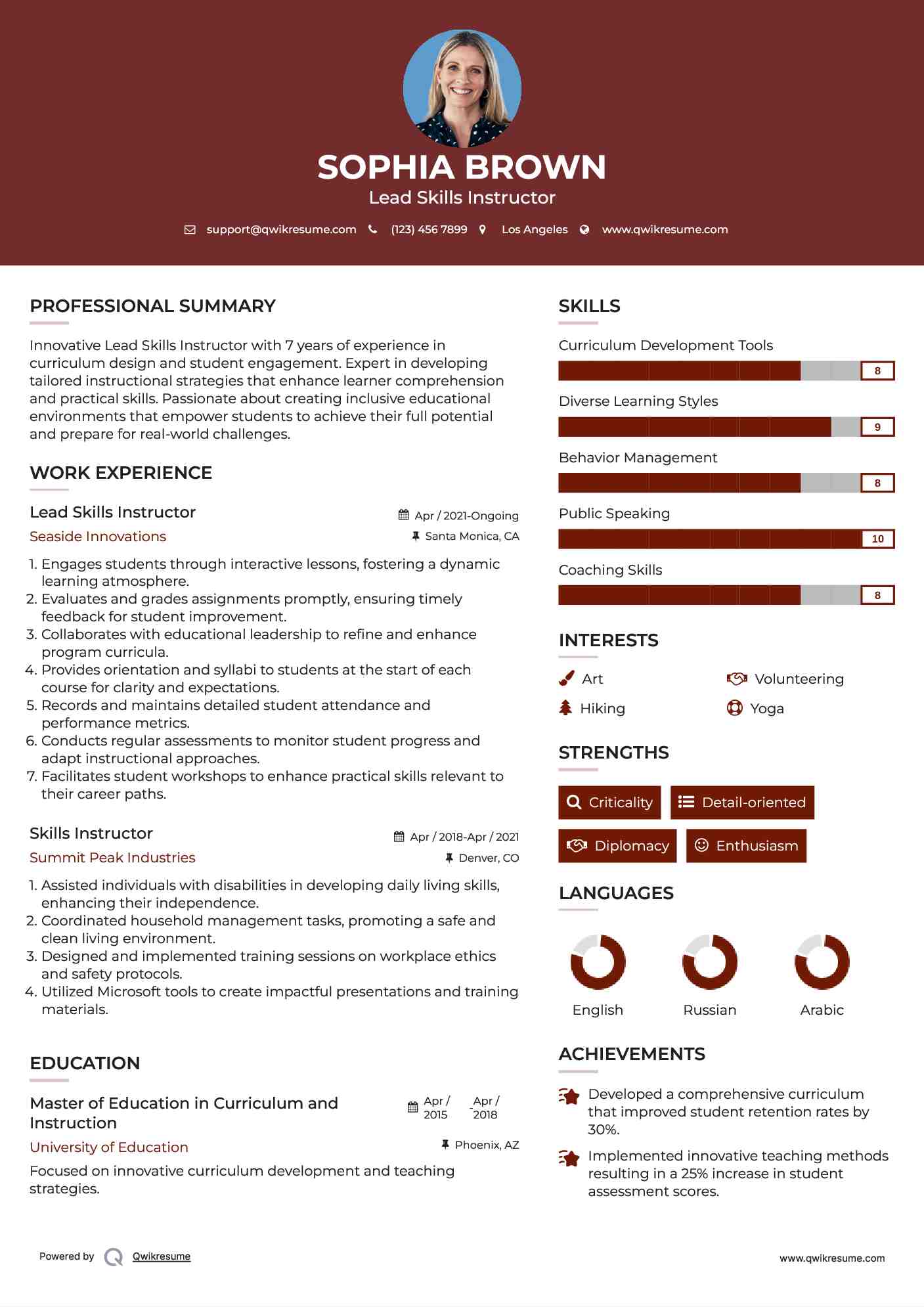Lead Skills Instructor Resume Sample