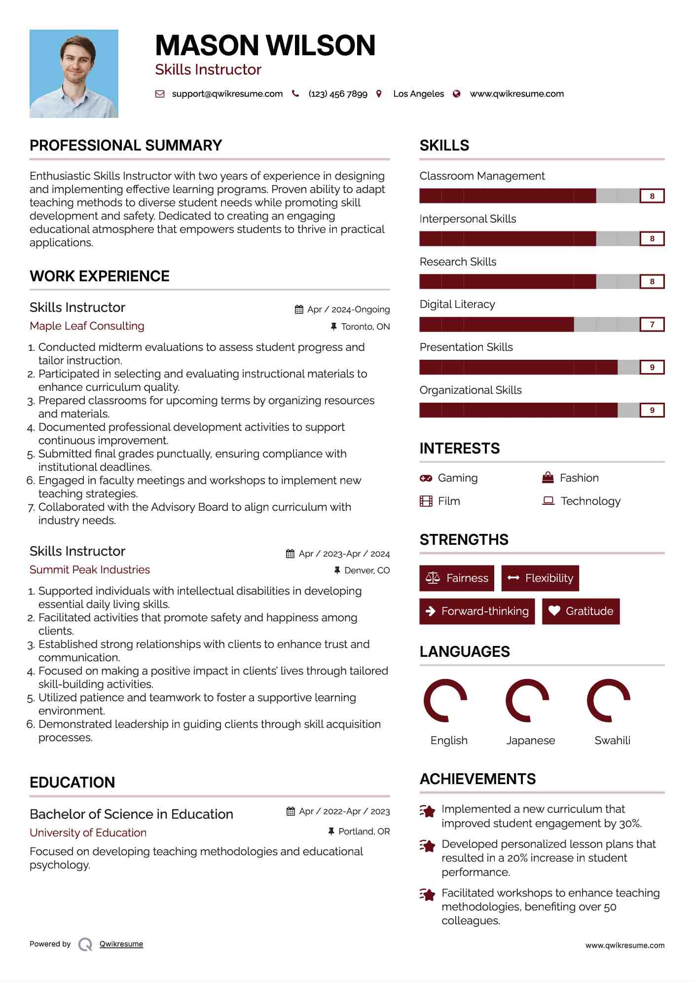 Skills Instructor Resume Format