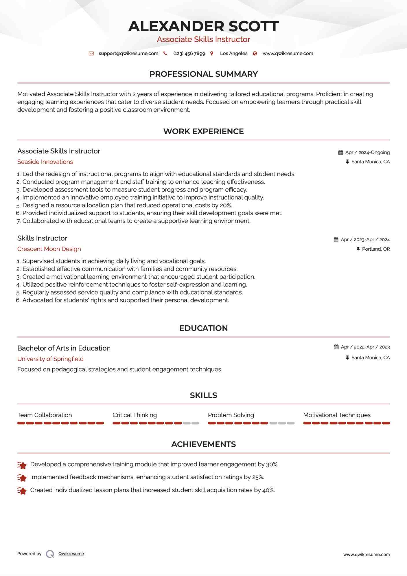 Associate Skills Instructor Resume Example