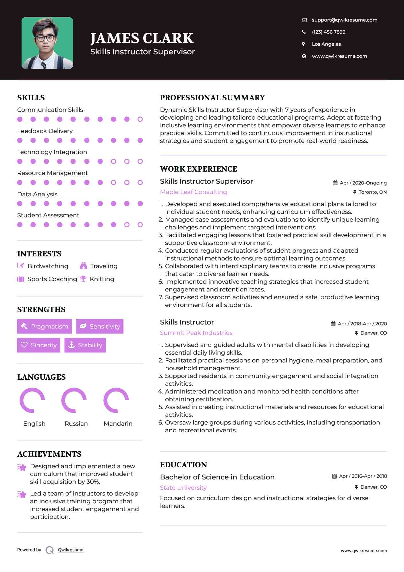 Skills Instructor Supervisor Resume Format