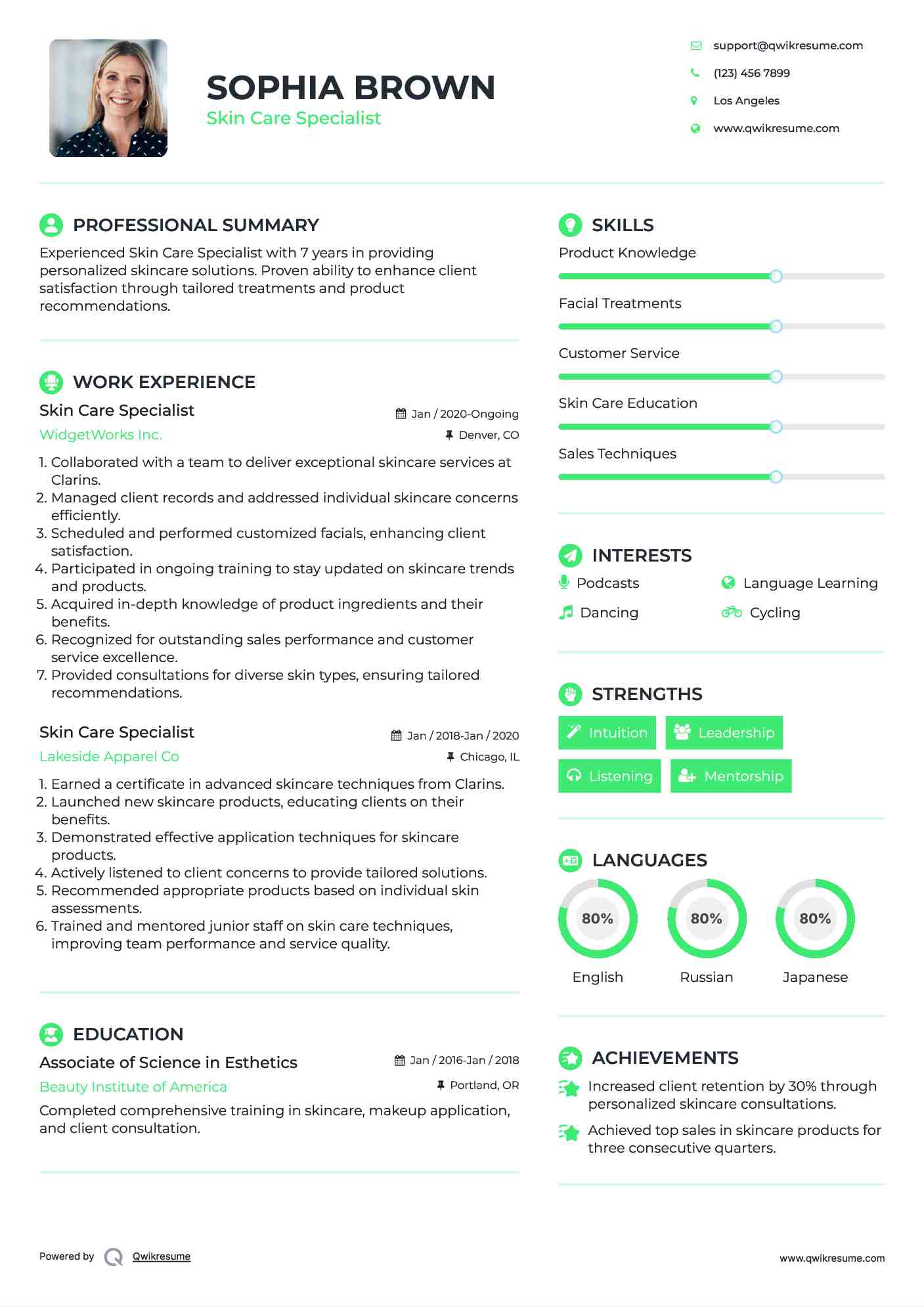 Skin Care Specialist Resume Model