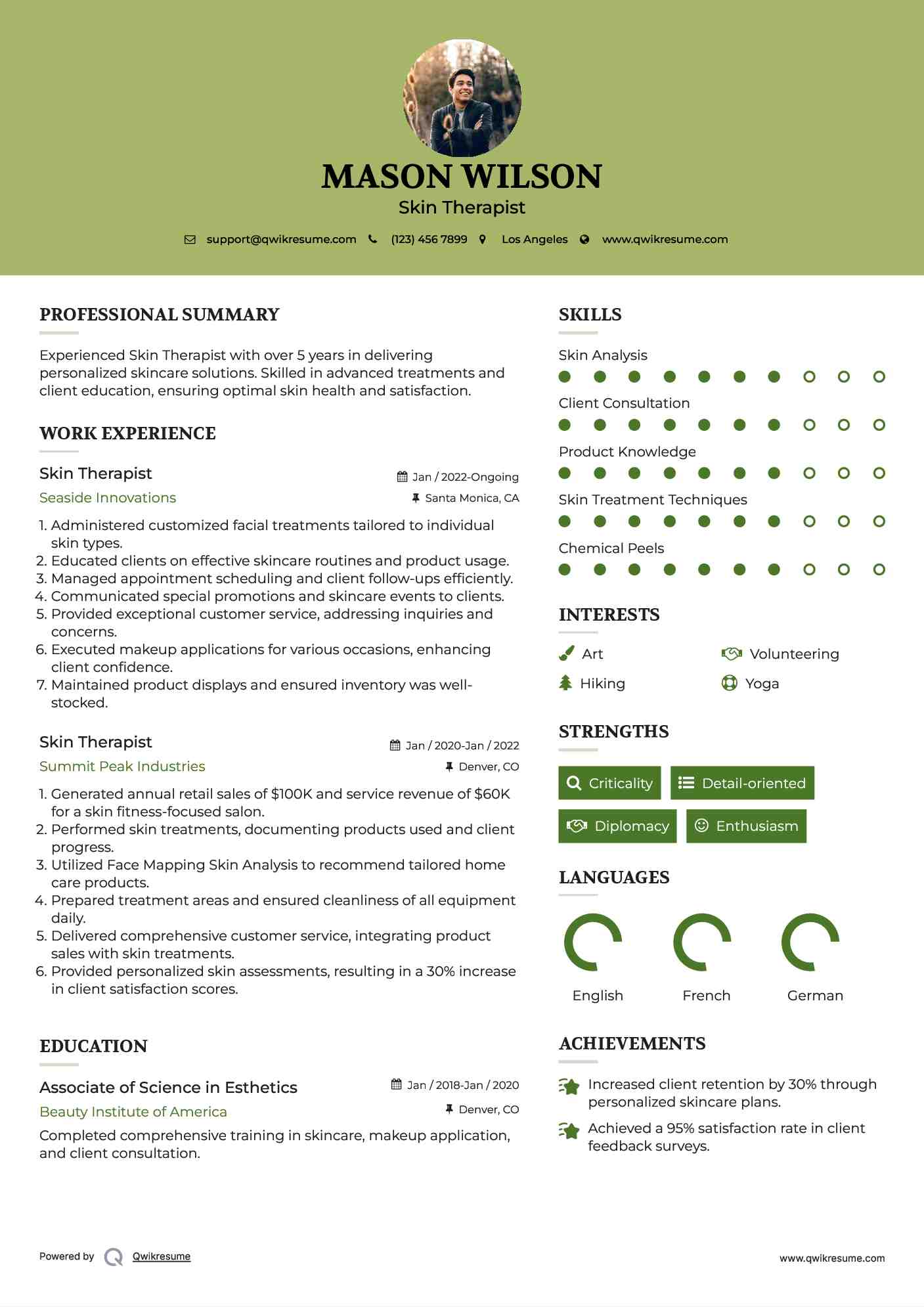 Skin Therapist Resume Model