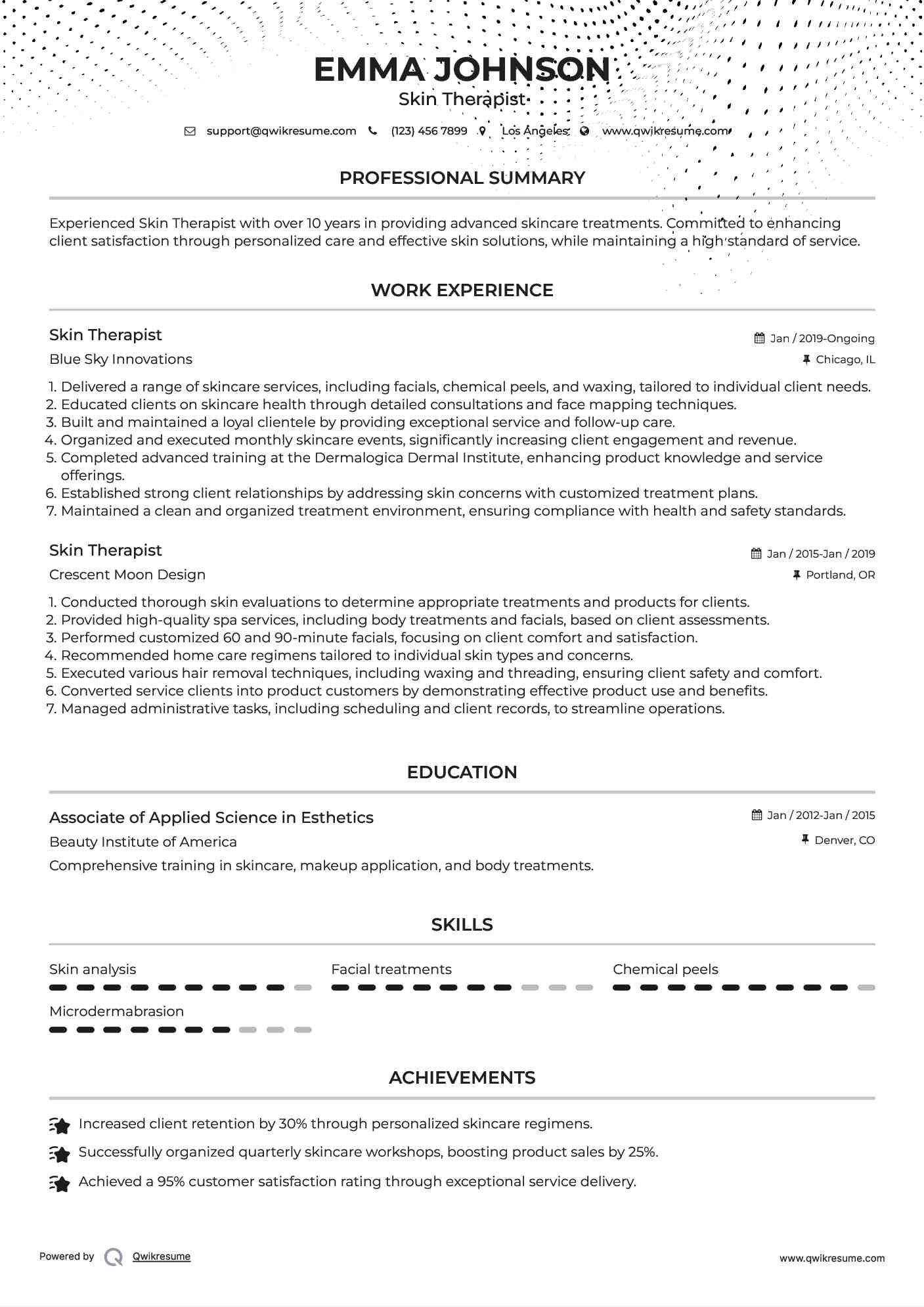 Skin Therapist Resume Sample