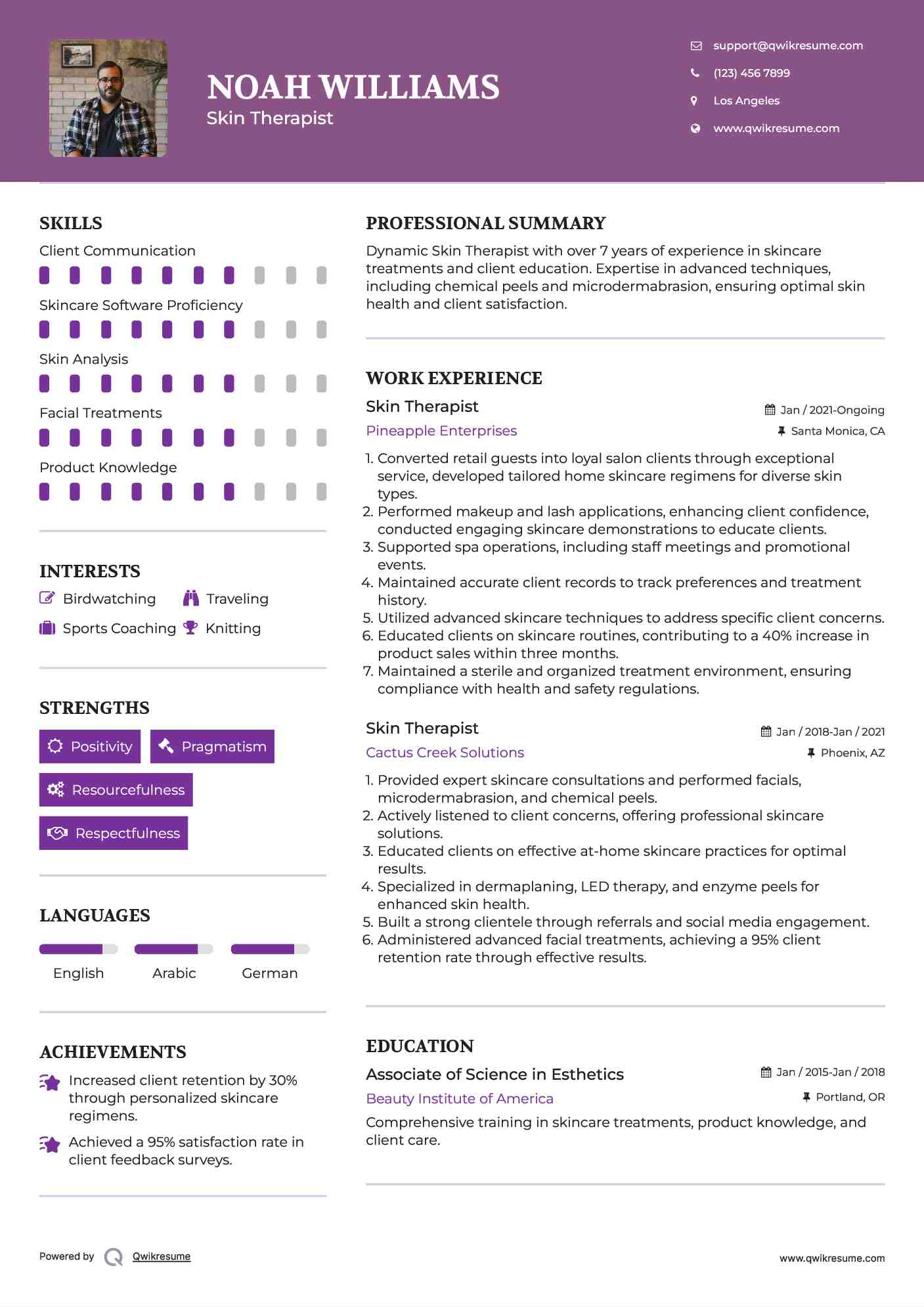 Skin Therapist Resume Example