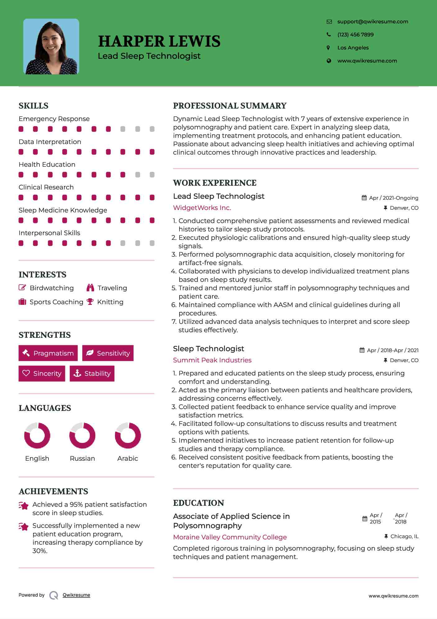 Lead Sleep Technologist  Resume Model