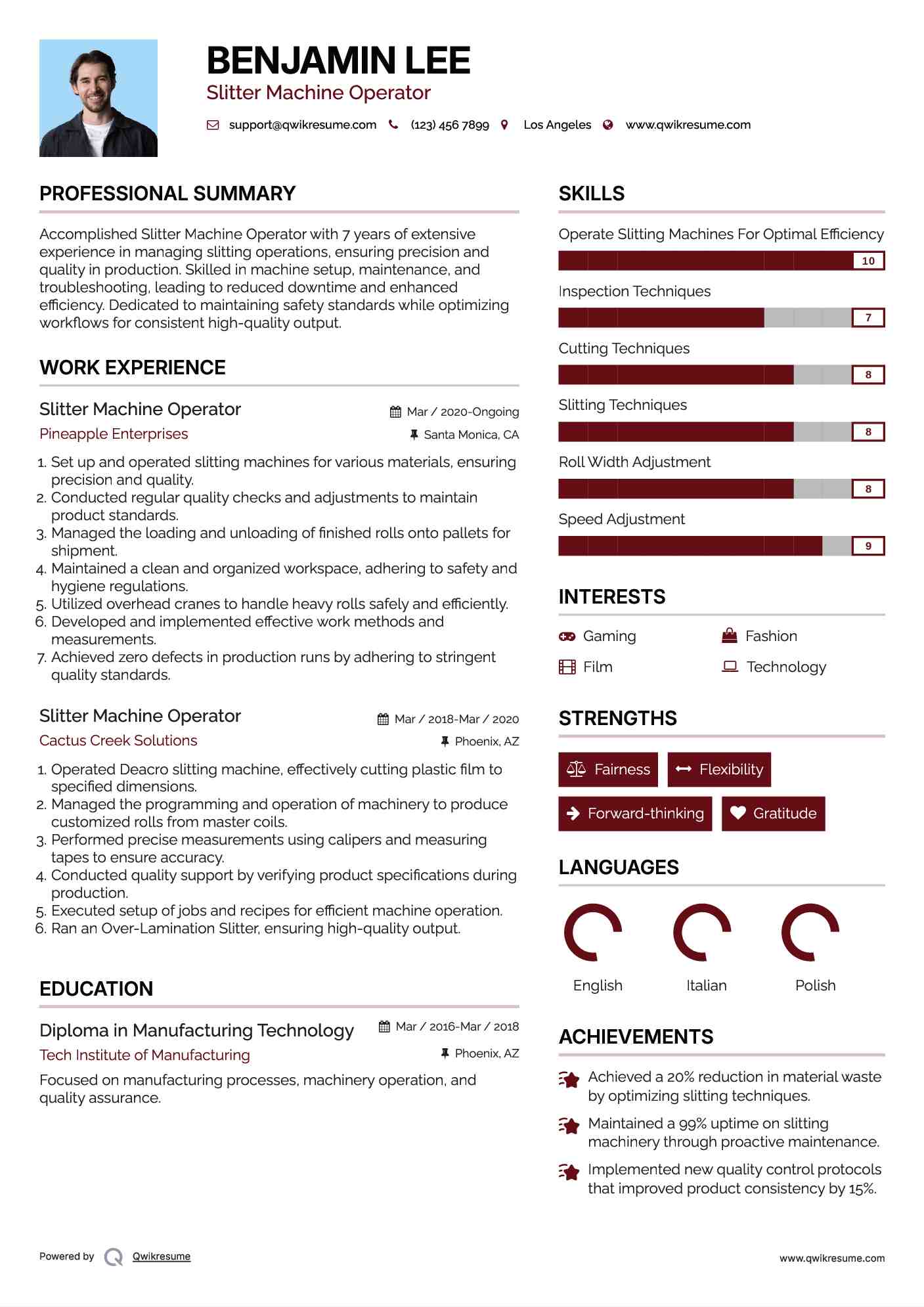 Slitter Machine Operator Resume Sample