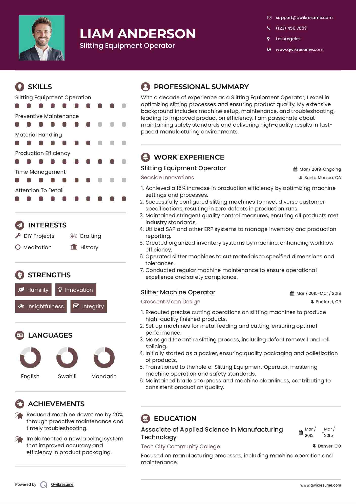 Slitting Equipment Operator Resume Sample